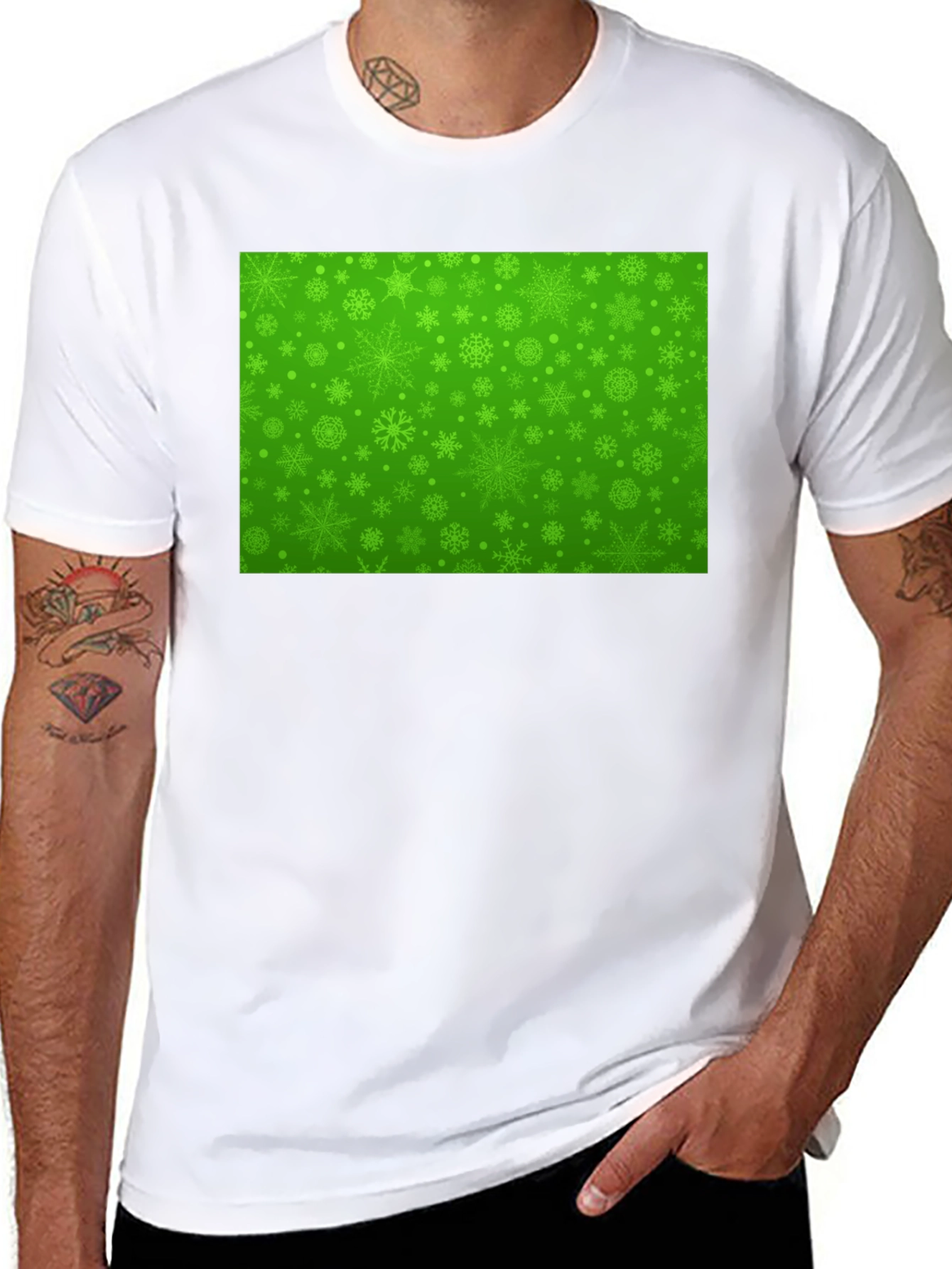 Black Green Snowflake Pattern Black T-Shirt view 8