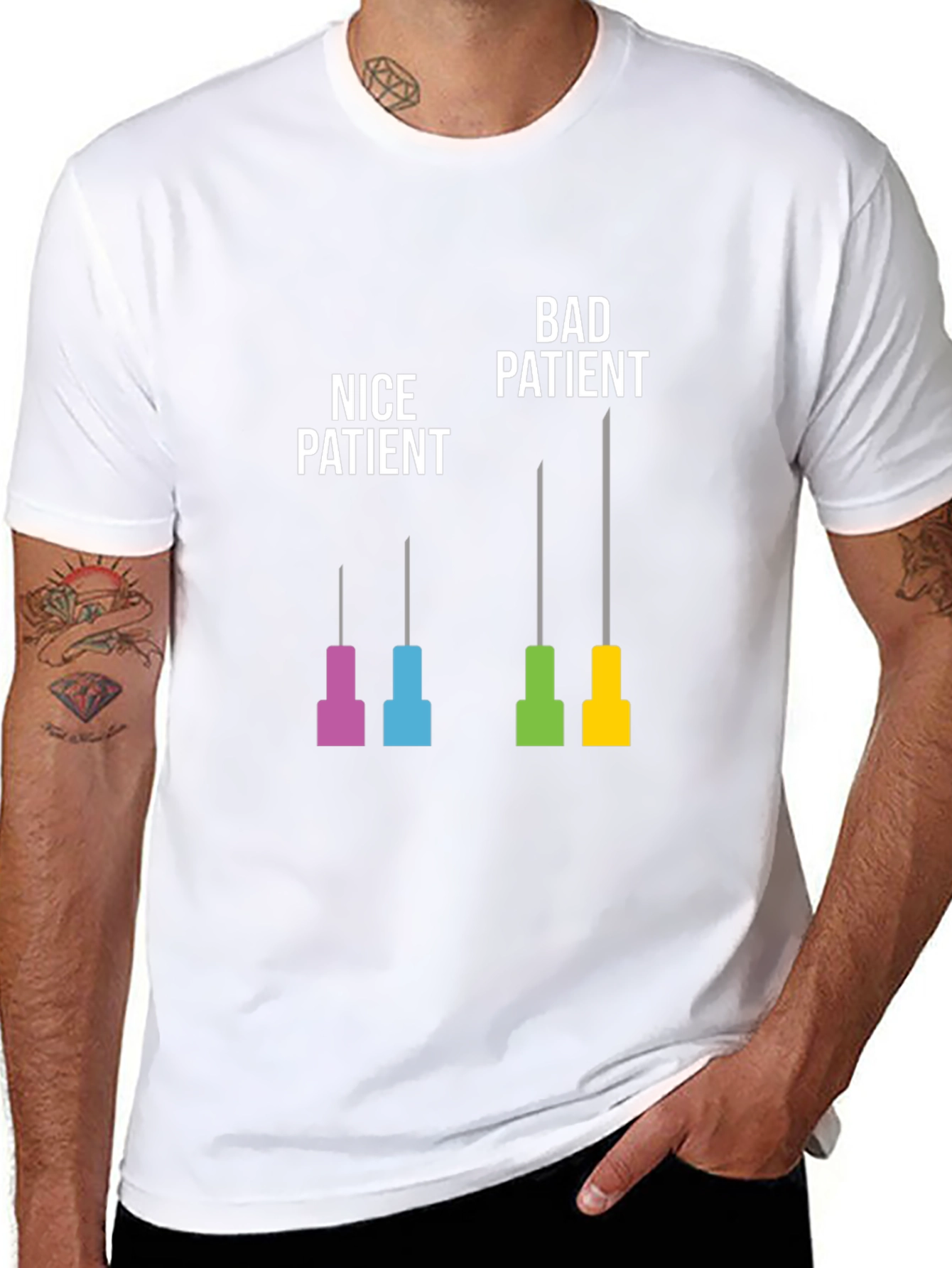 Black Funny Medical Humor T-Shirt: Nice vs. Bad Patient Needle Design view 8
