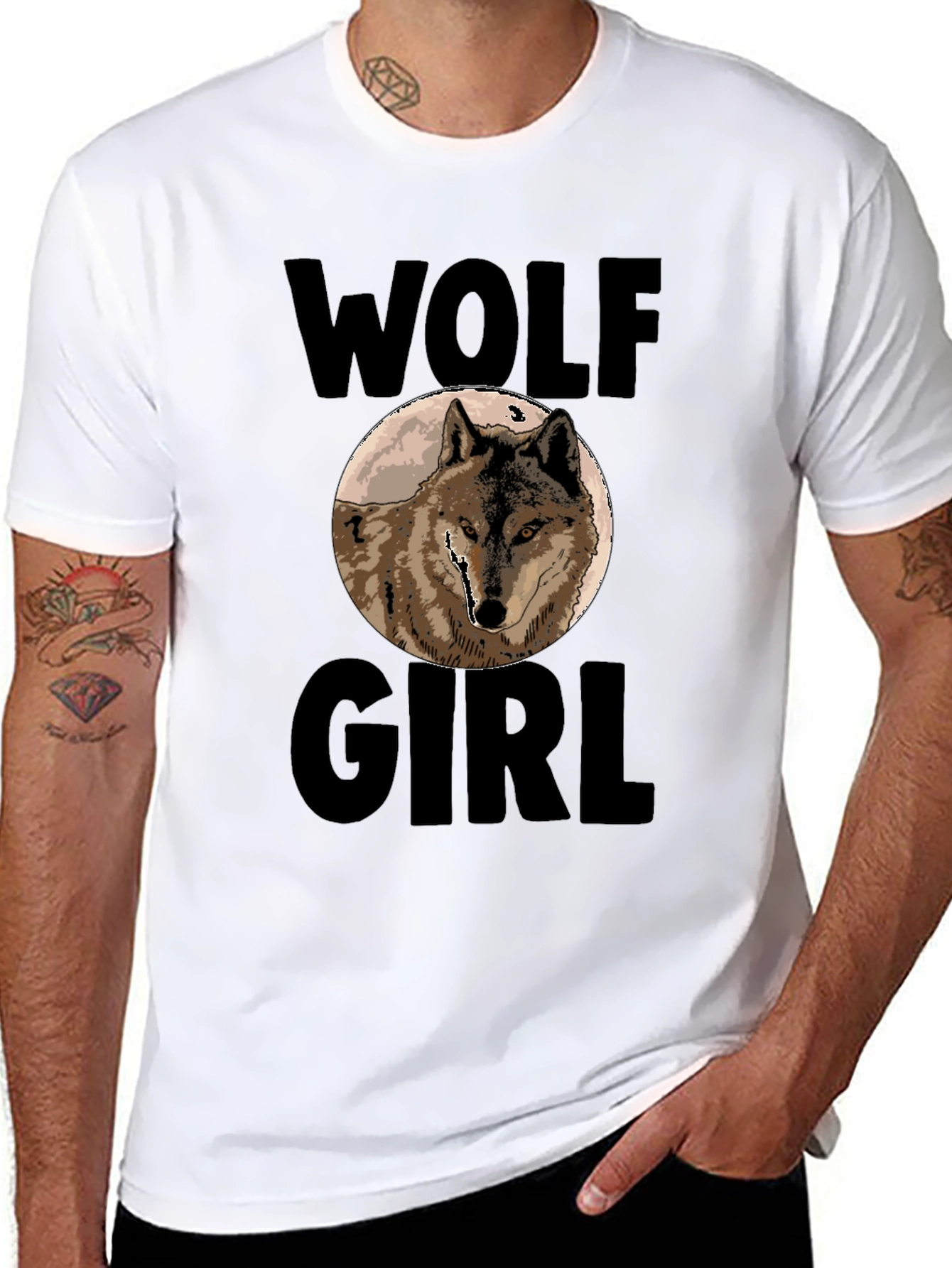 Black Wolf Girl Graphic Print T-Shirt - Black view 8