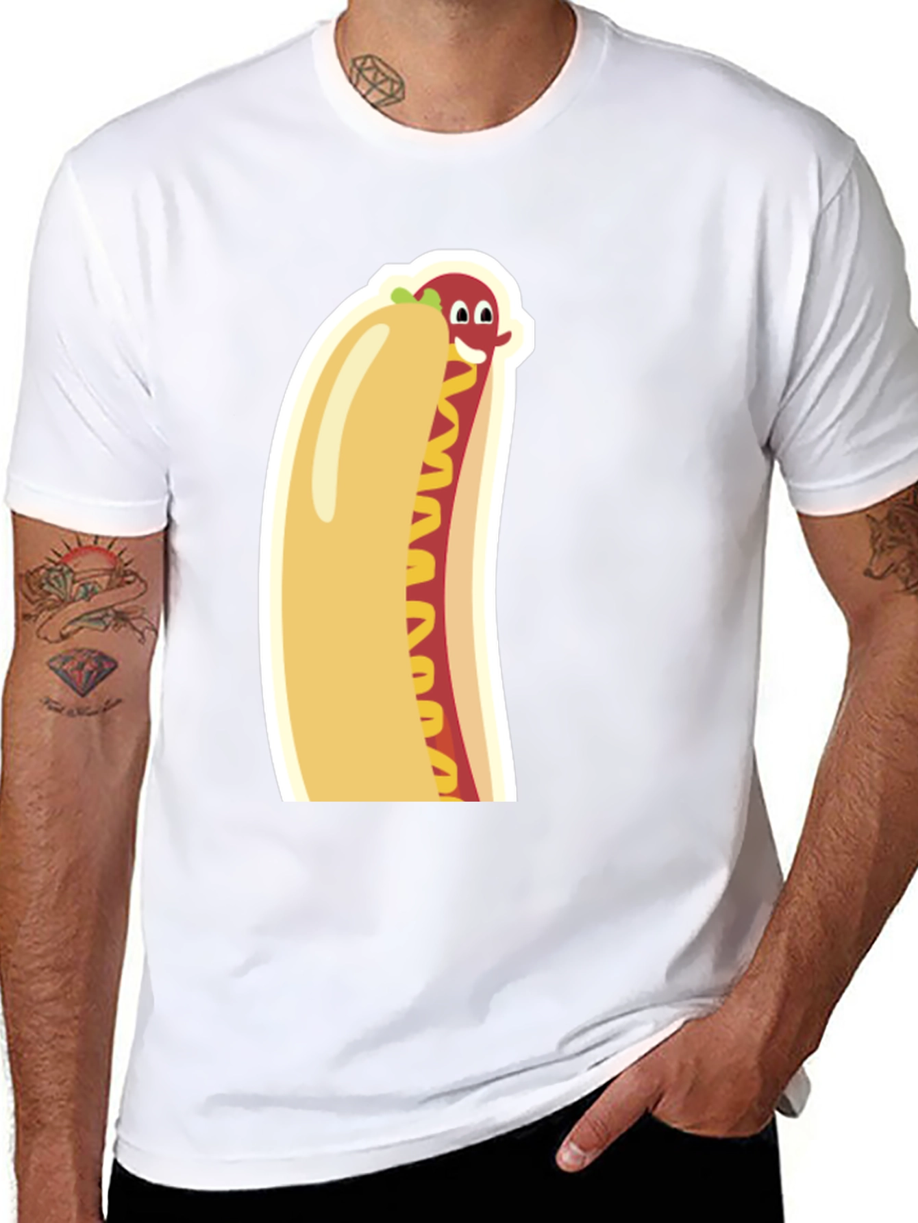 Black Funny Cartoon Hot Dog Graphic Tee - Unisex Black T-Shirt view 8