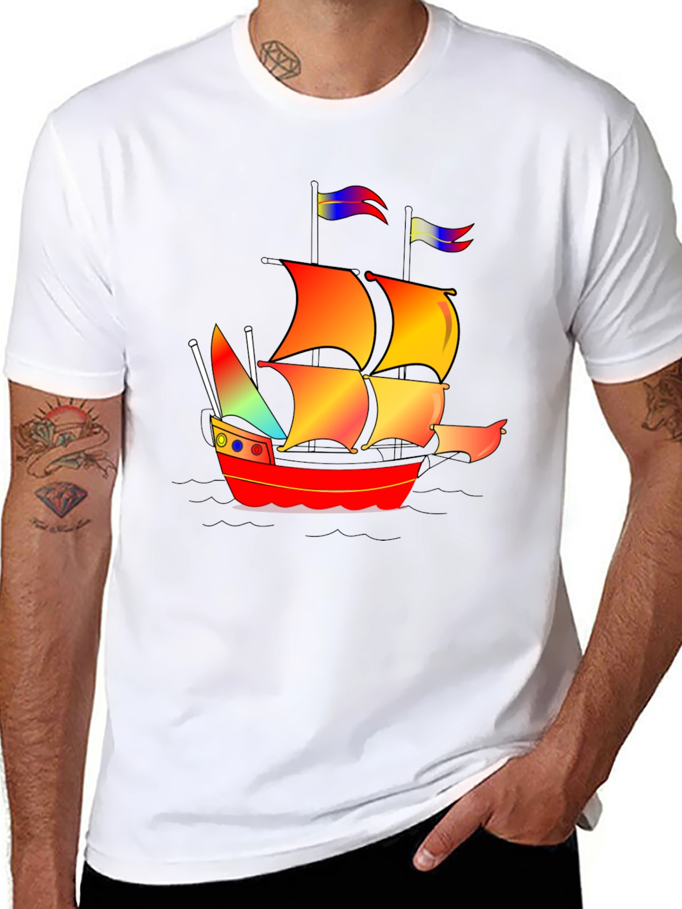 Black Colorful Pirate Ship Graphic Tee view 8
