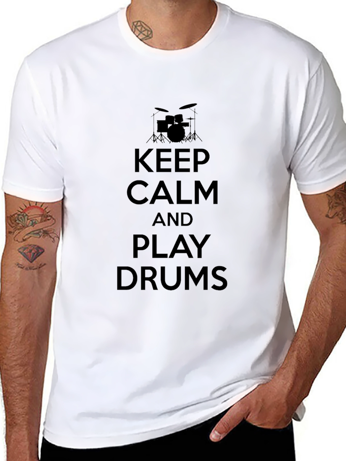 Black Keep Calm and Play Drums Black T-Shirt view 8