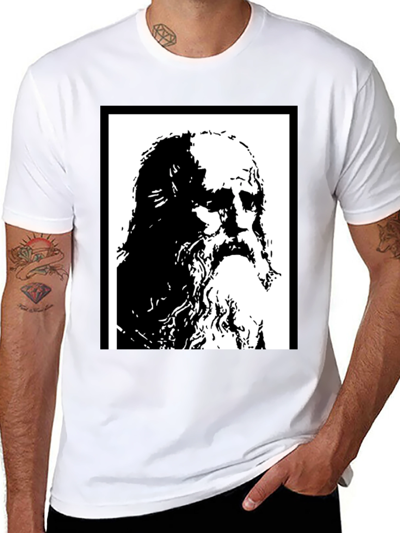 Black Black T-Shirt with Artistic Portrait Print view 8