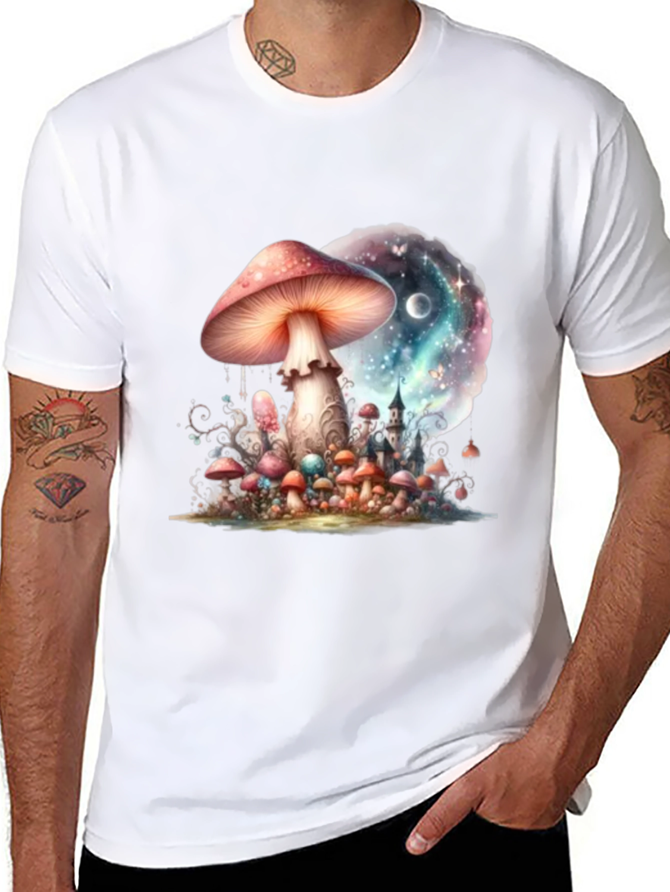 Black Mushroom Galaxy Graphic Tee - Fantasy Design view 8