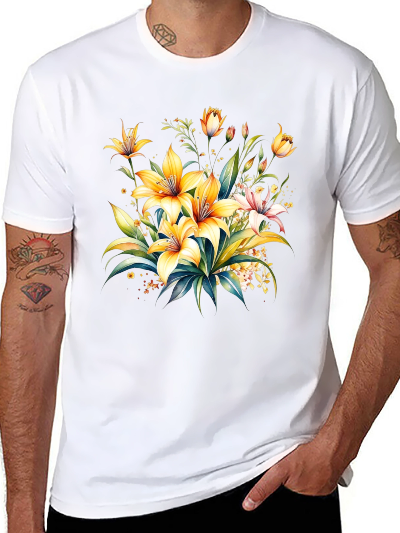 Black Floral Lily Graphic Tee - Black Cotton T-Shirt view 8
