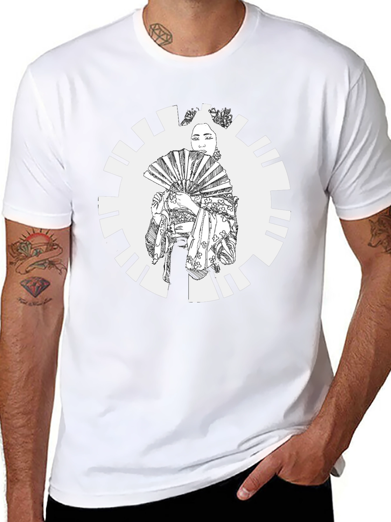 Black Geisha Fan Graphic Tee - Black Cotton Casual Wear view 8