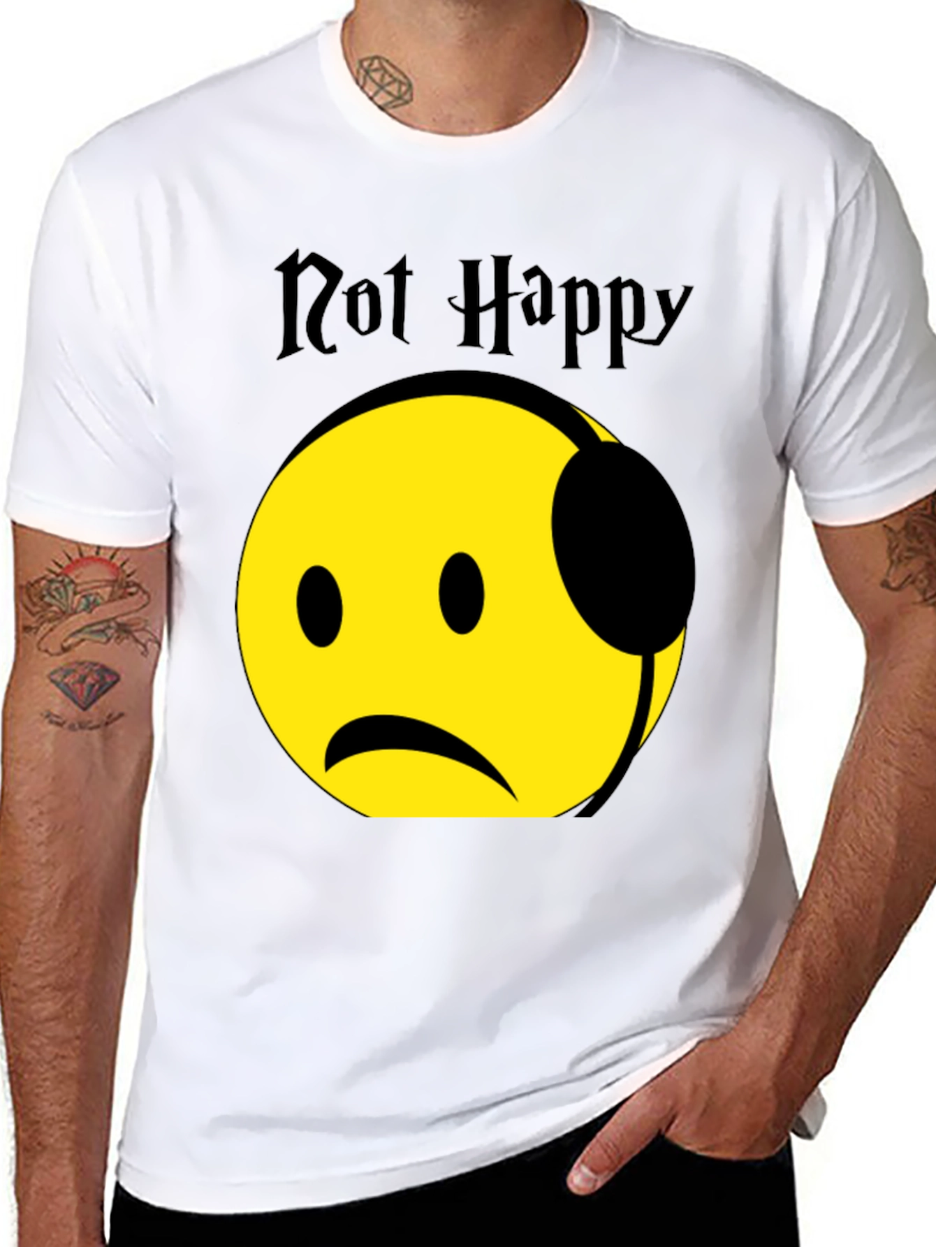 Black Not Happy Emoji Graphic T-Shirt - Trendy Casual Wear view 8
