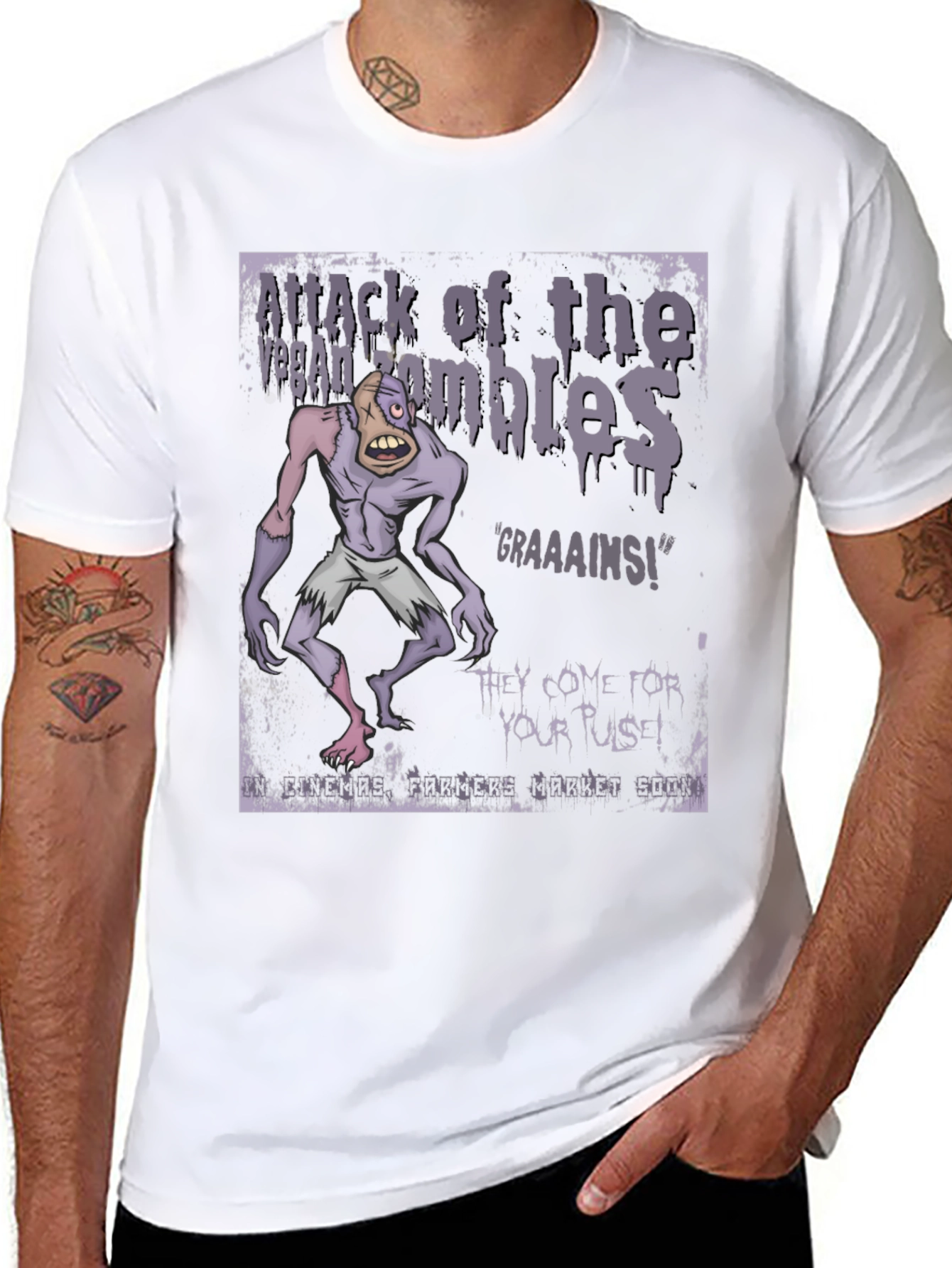 Black Vegan Zombie T-Shirt: Graaaains! view 8