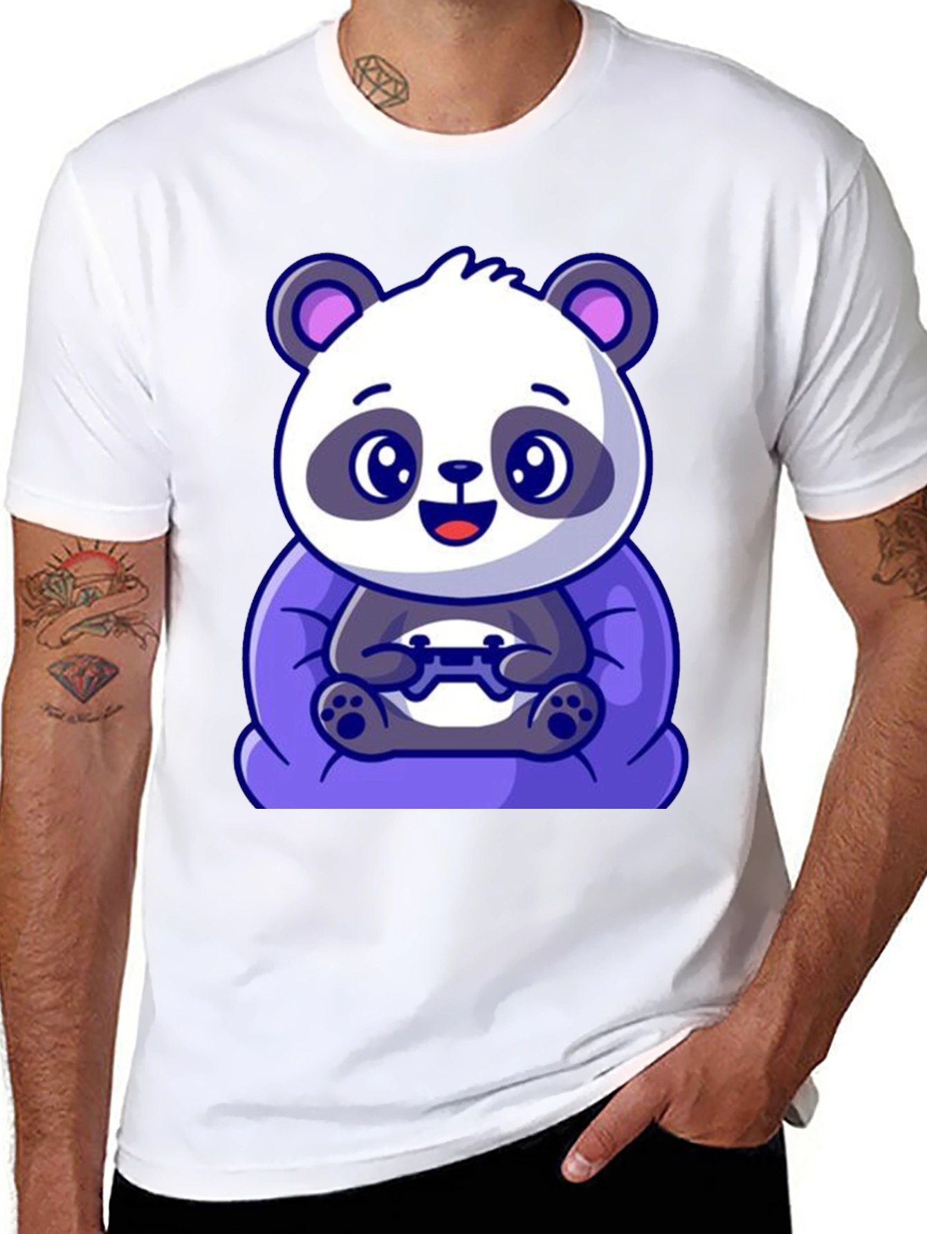 Black Cute Gamer Panda T-Shirt - Black Cotton Tee view 8