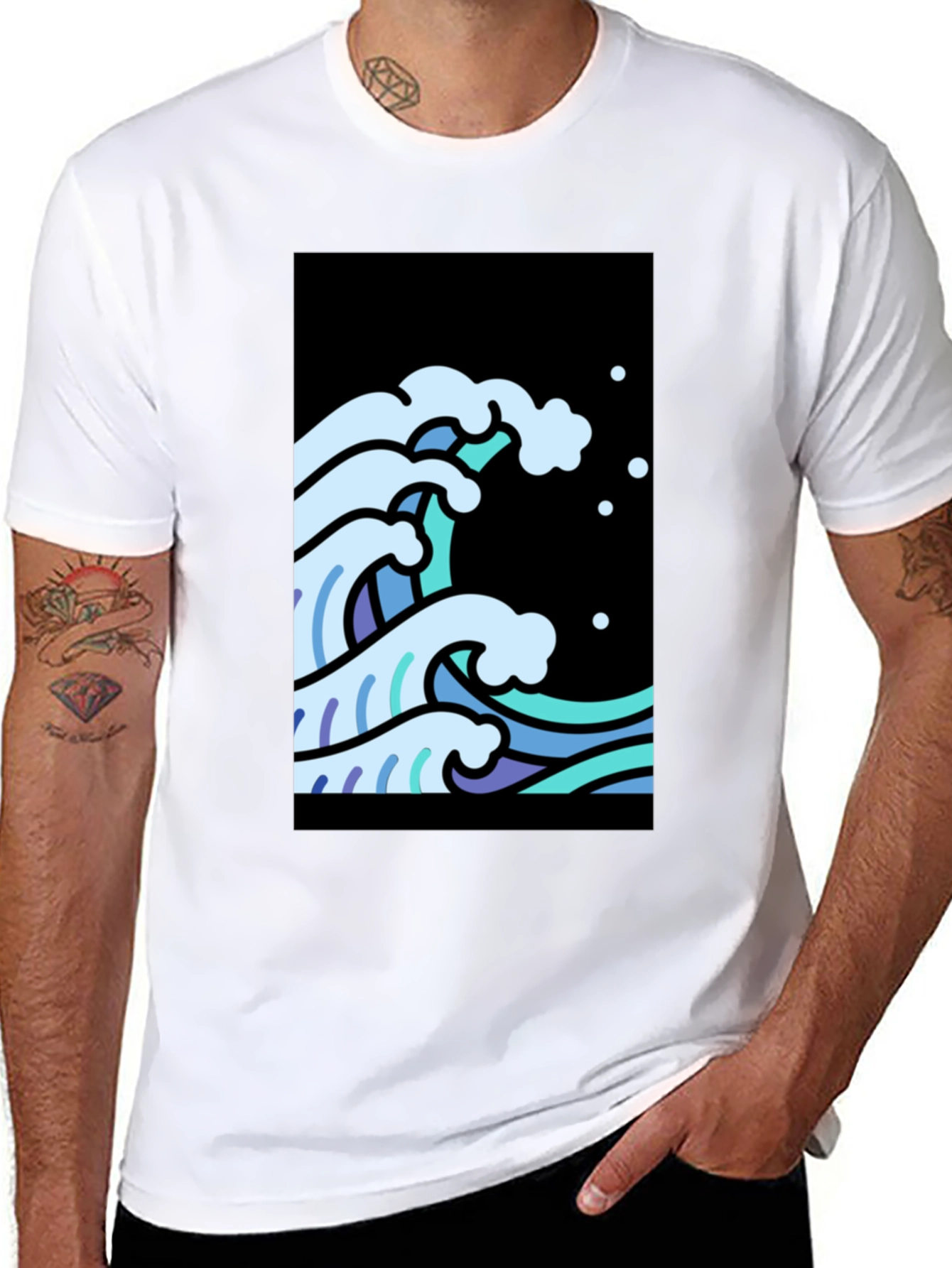 Black Cool Waves Graphic Tee - Black Cotton T-Shirt view 8