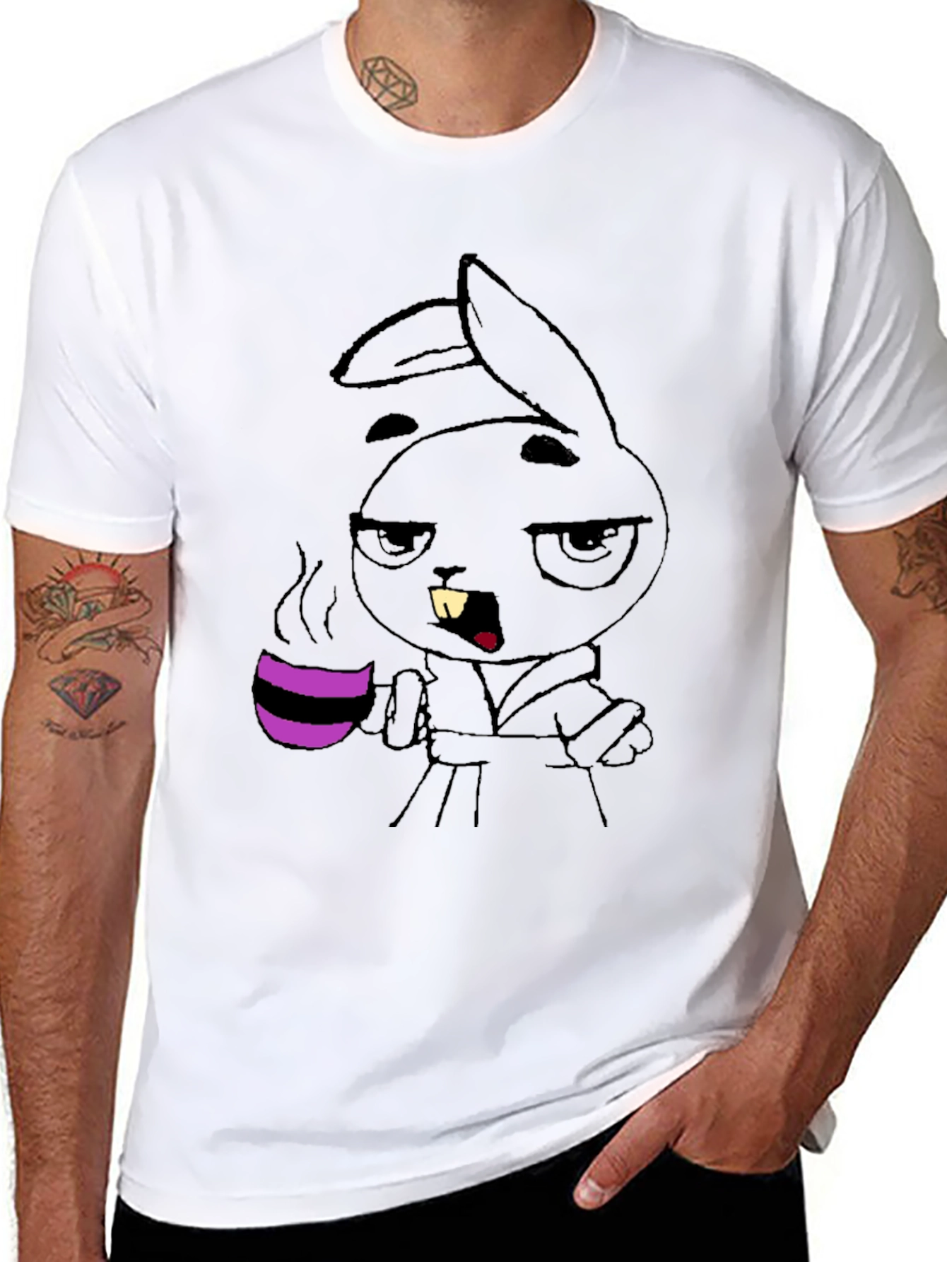 Black Grumpy Bunny Coffee T-Shirt - Black Cotton Tee view 8