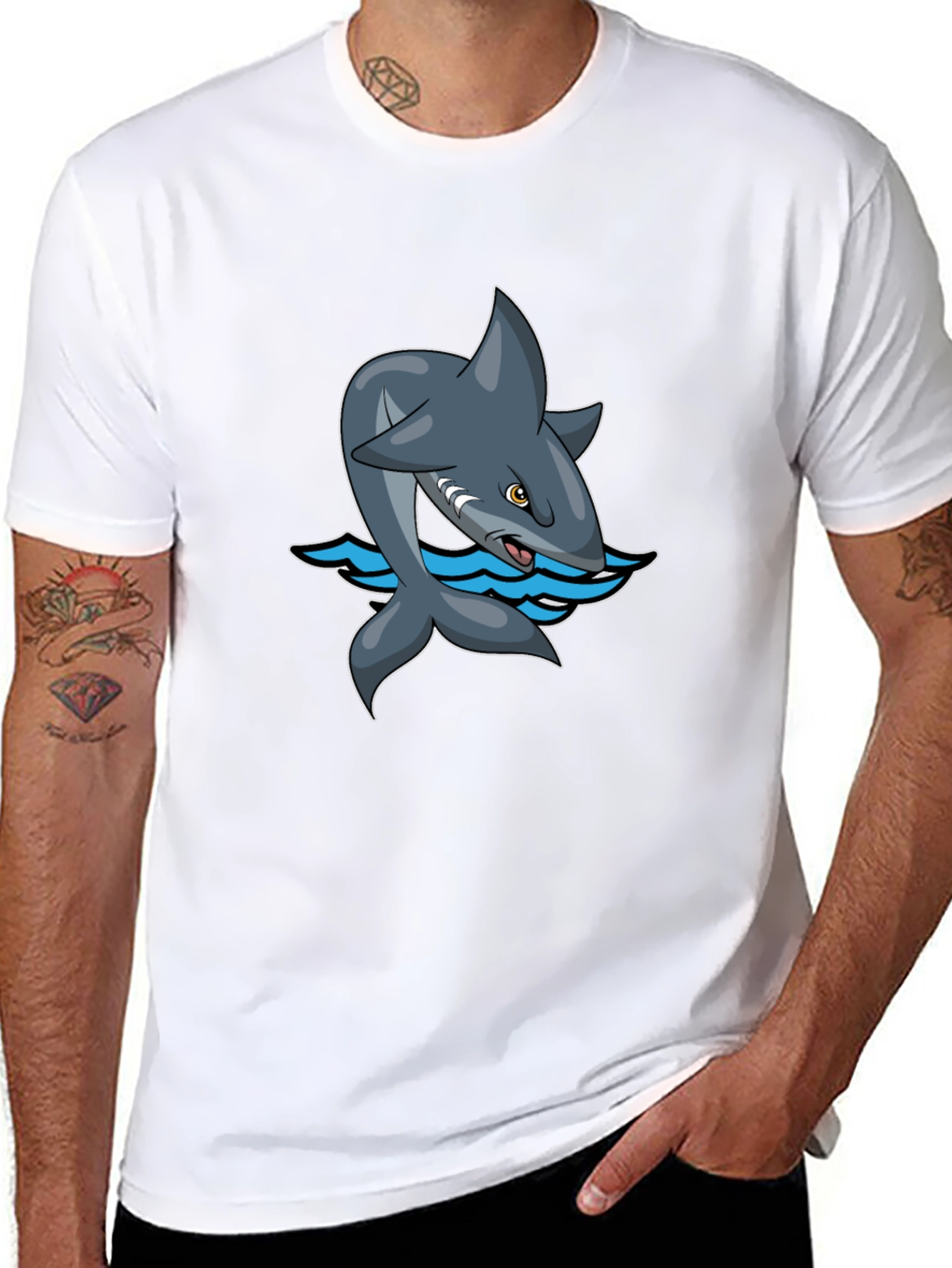 Black Cartoon Shark Graphic Tee - Black Cotton Comfort view 8