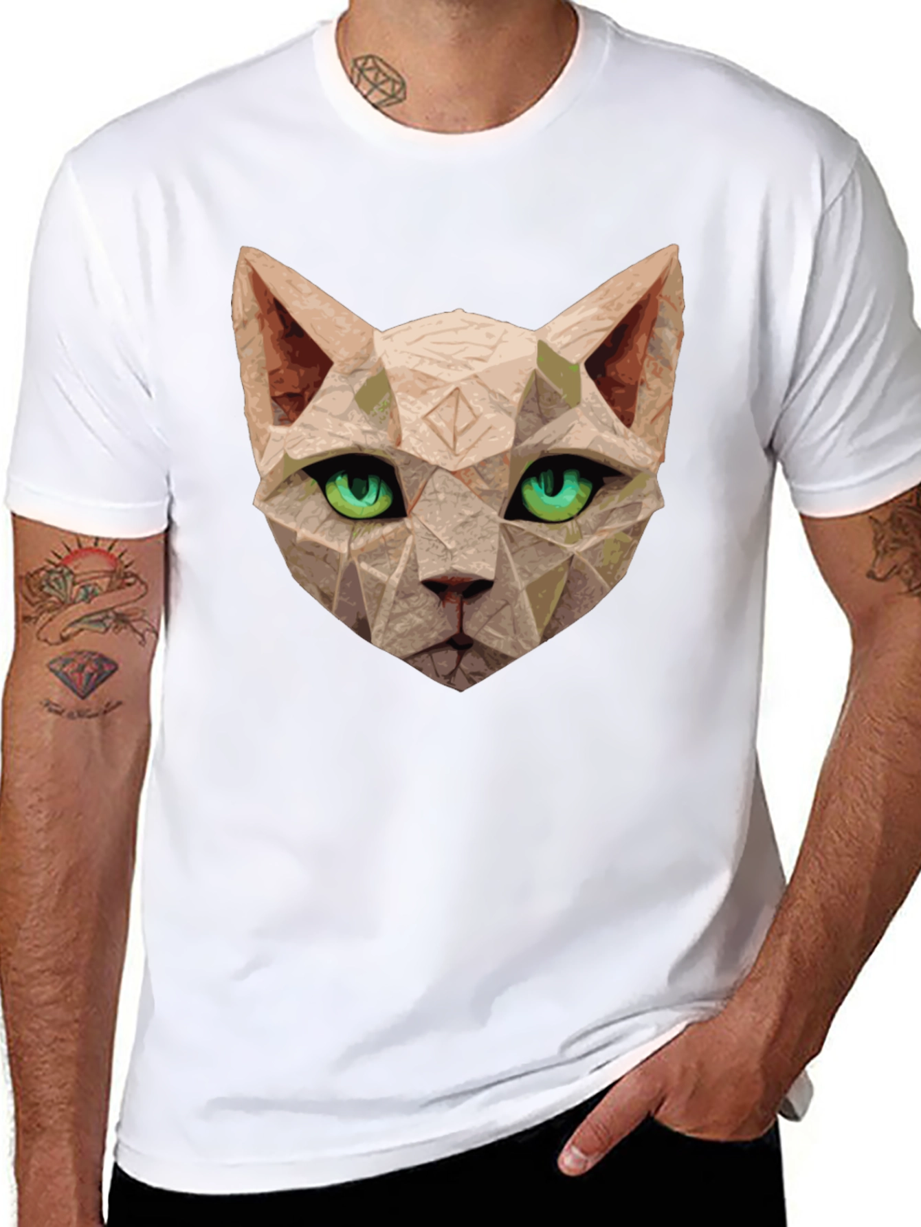 Black Geometric Cat T-Shirt - Unique Art Tee view 8