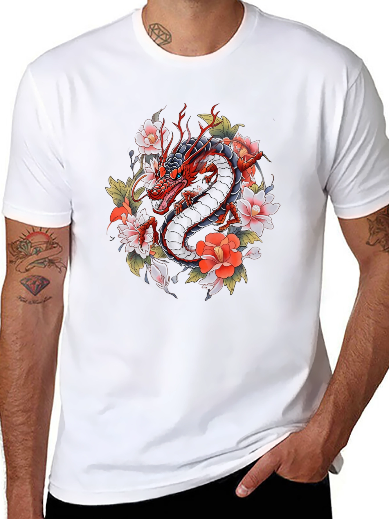 Black Dragon and Floral Graphic Tee - Black Cotton Blend view 8