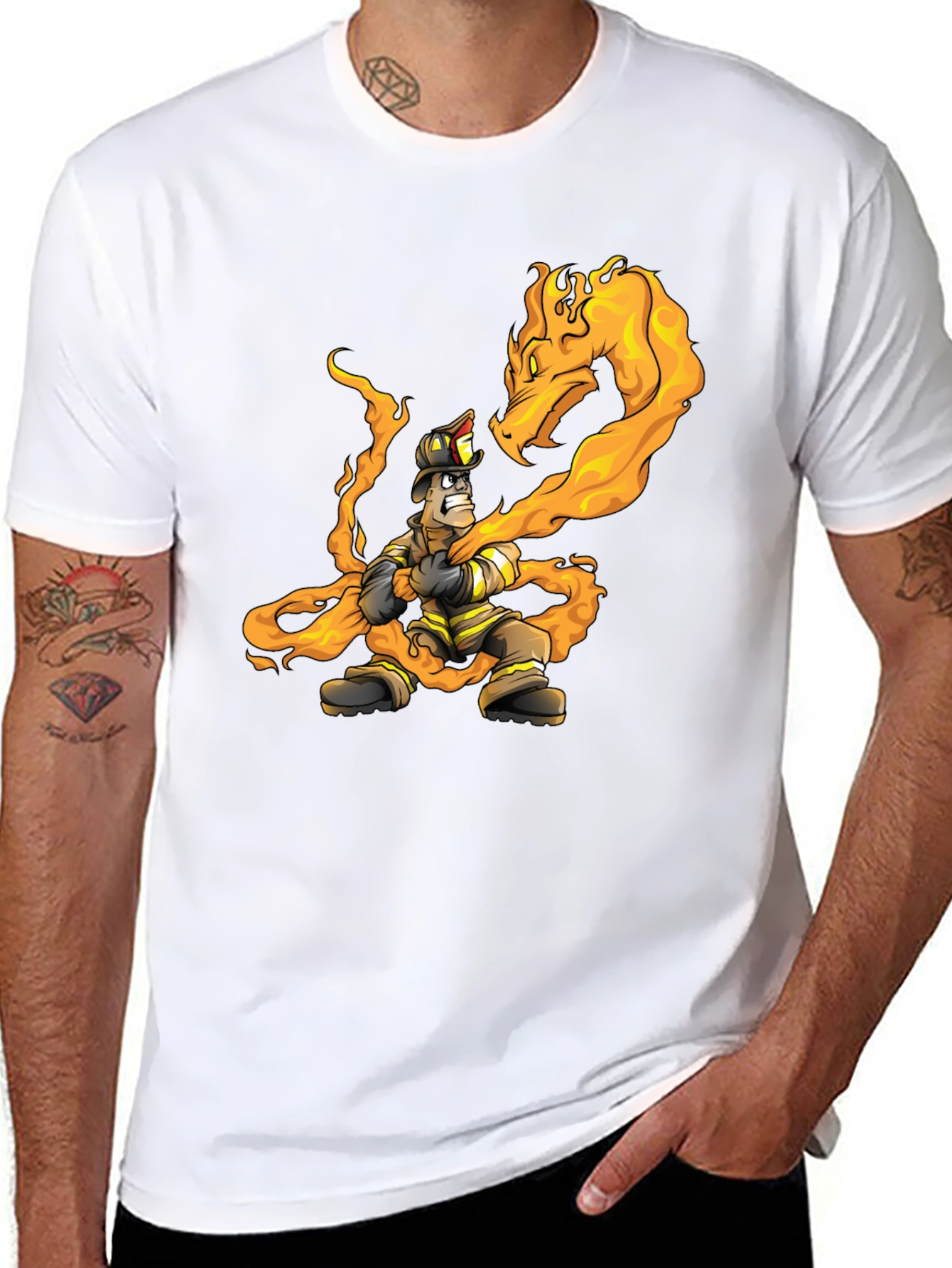 Black Firefighter vs Dragon Graphic T-Shirt - Cool Design view 8