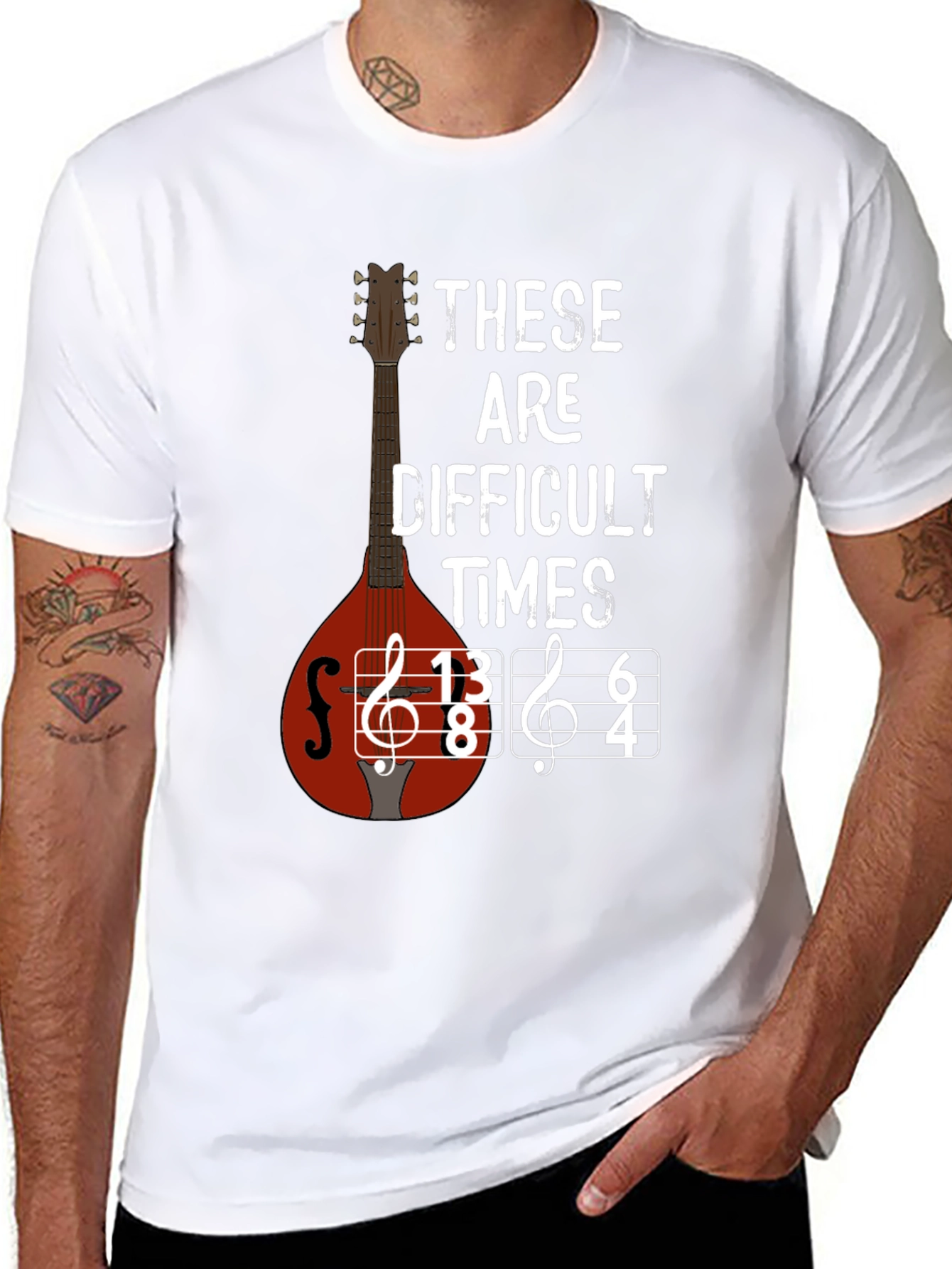 Black Difficult Times Music T-Shirt - Mandolin Graphic Tee view 8
