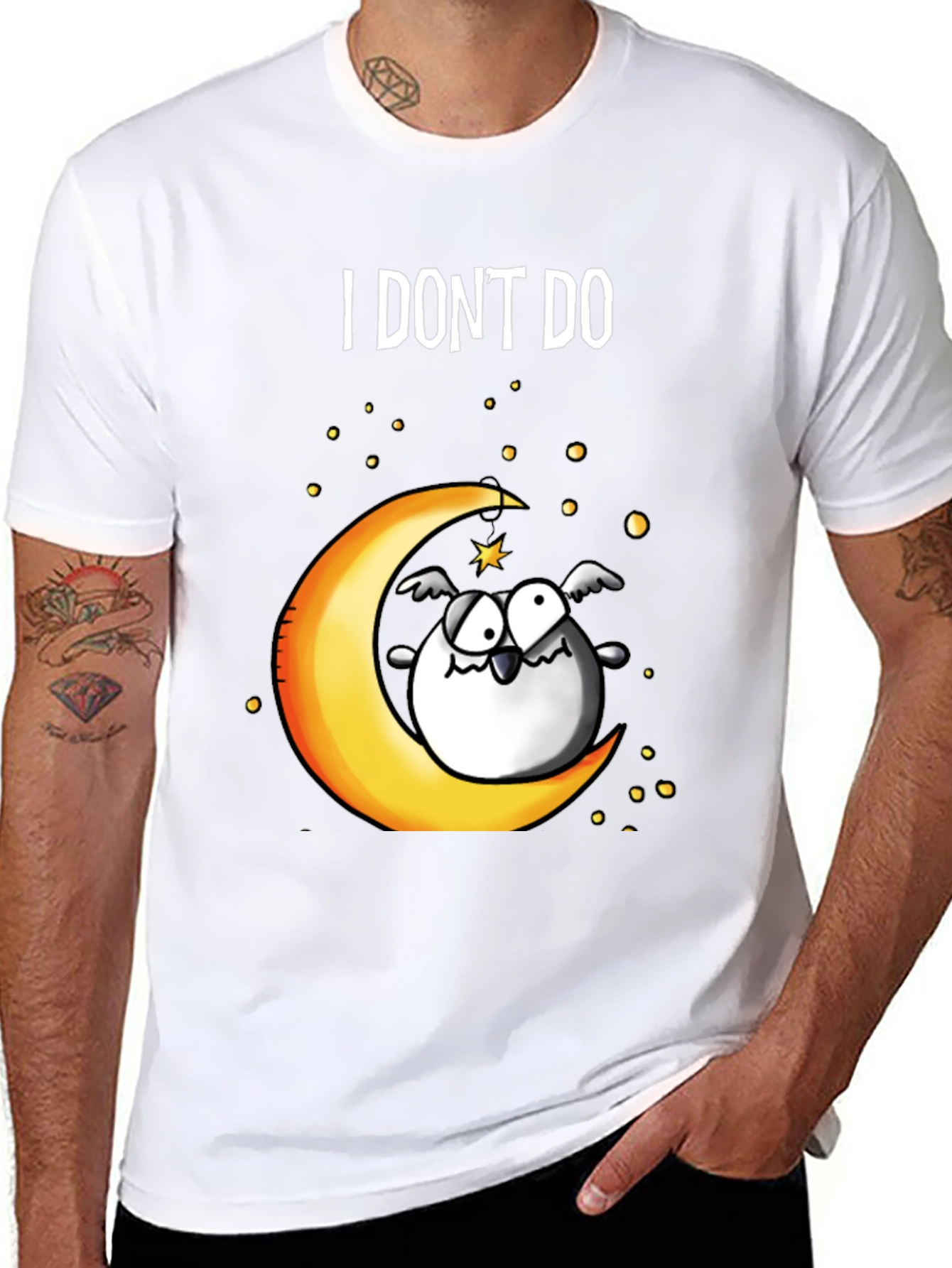 Black Funny I DON'T DO Mornings Owl on Moon T-Shirt view 8