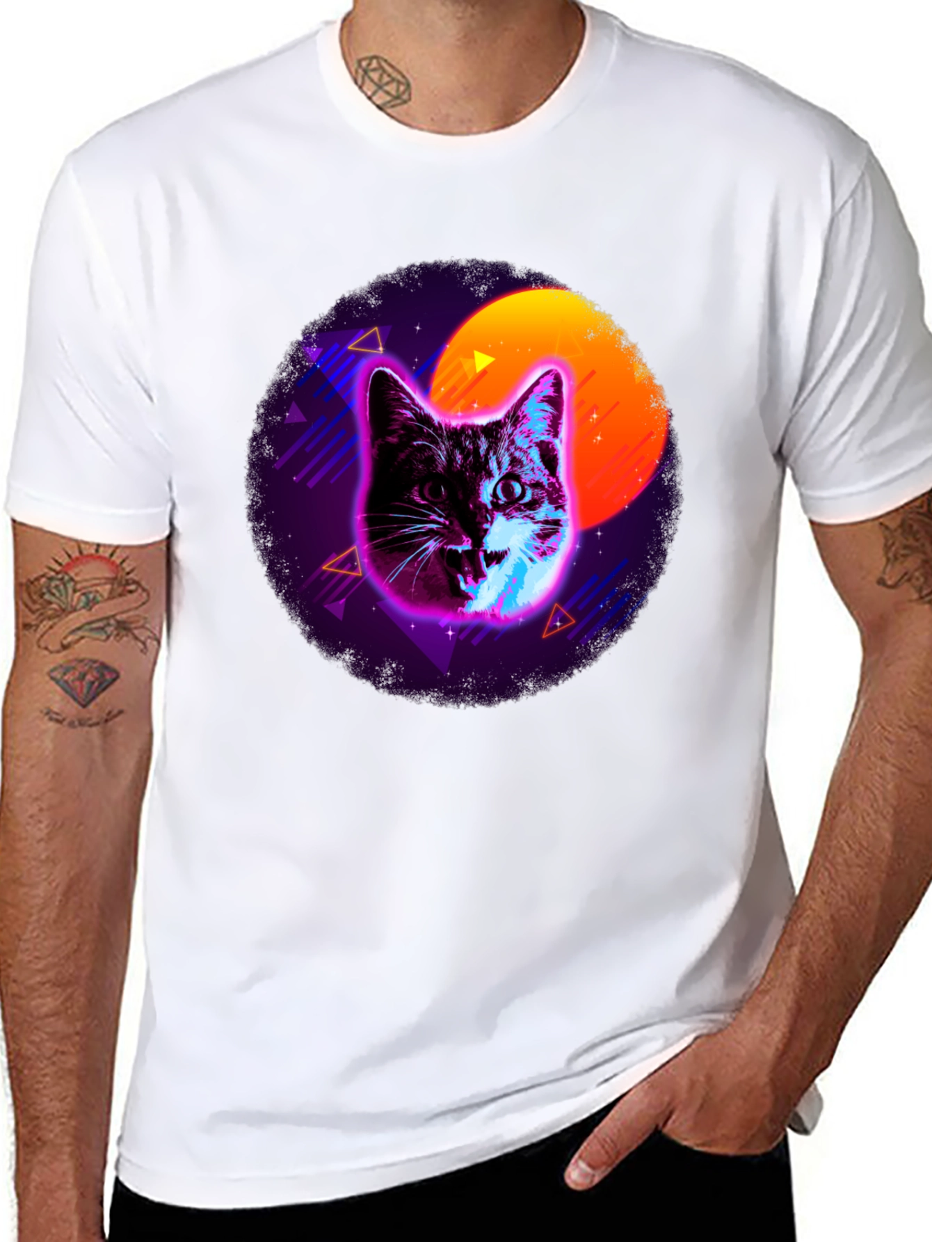 Black Retro Cat T-Shirt - Vaporwave Style view 8