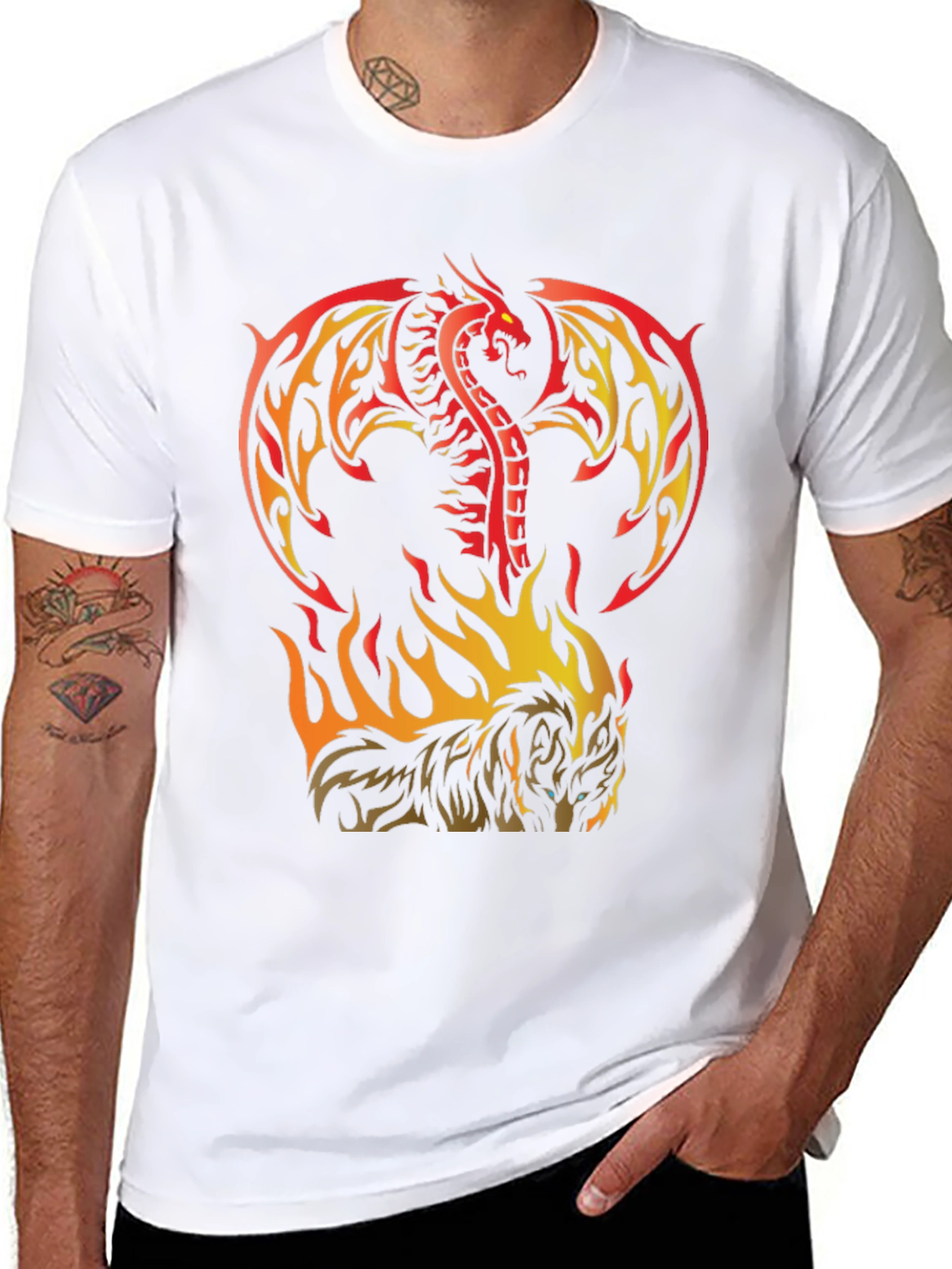 Black Fiery Dragon & Wolf Graphic Black T-Shirt view 8
