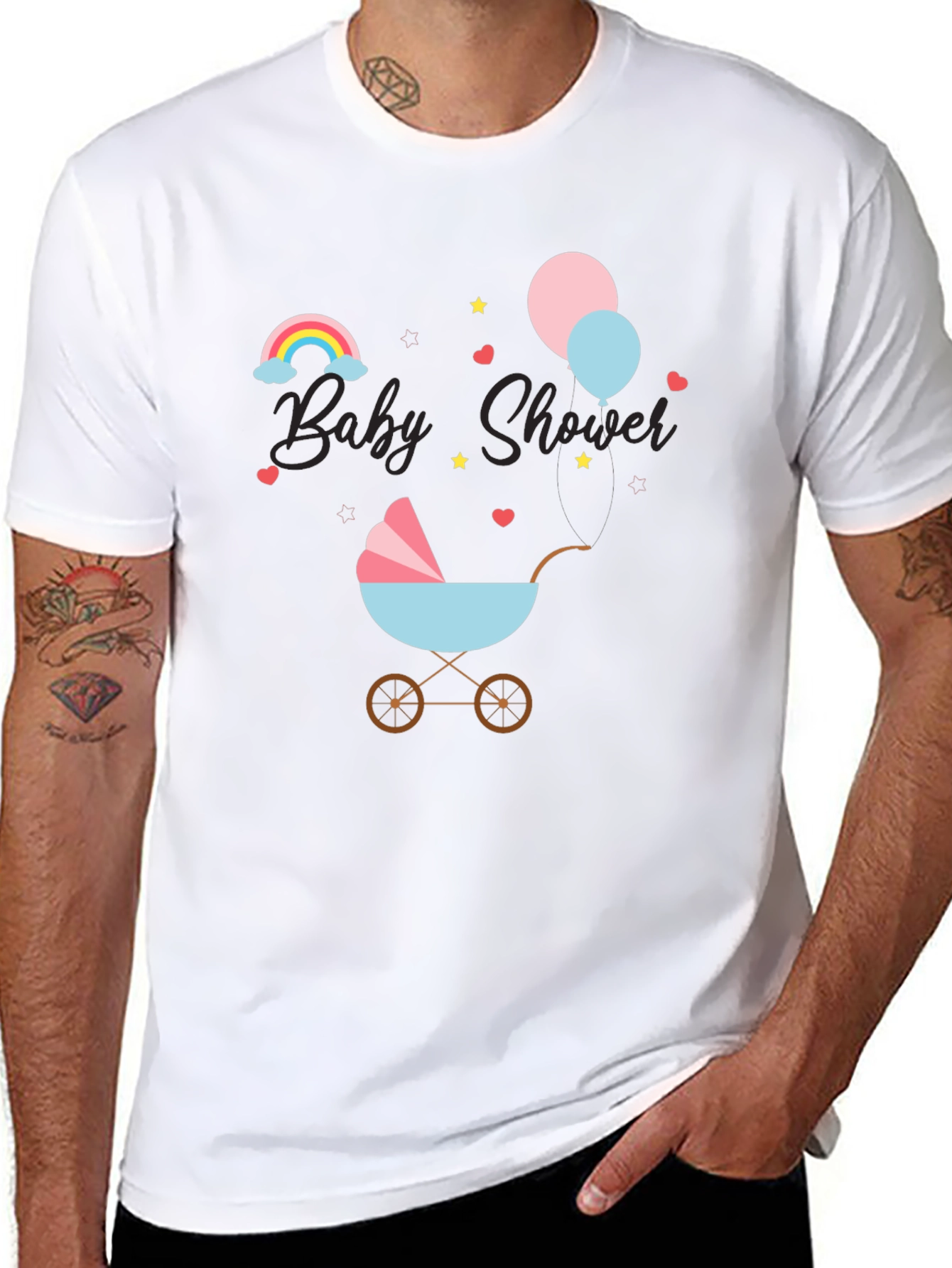 Black Baby Shower T-Shirt with Rainbow & Stroller Design view 8