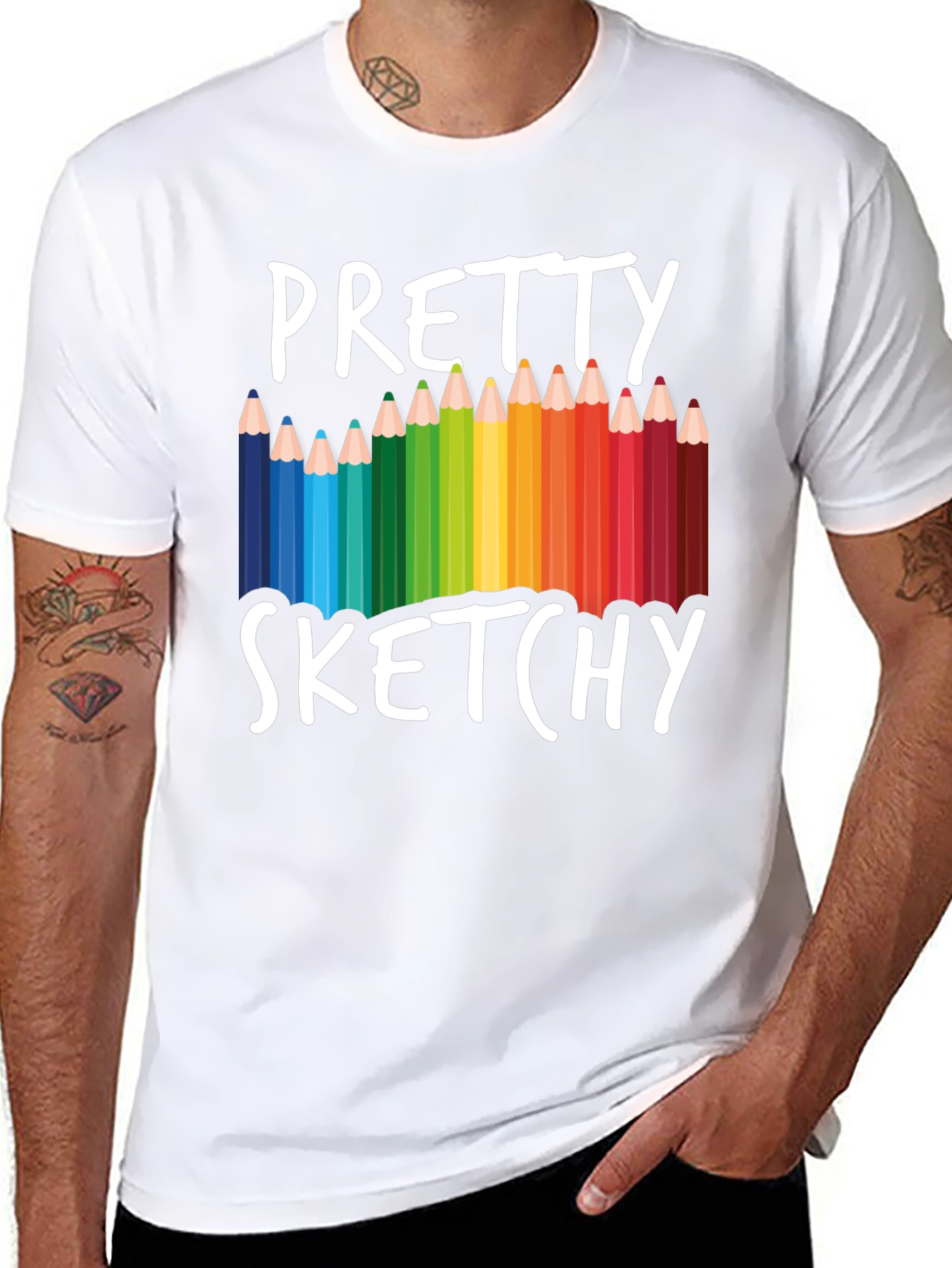 Black Pretty Sketchy T-Shirt, Colorful Pencil Design Tee view 8