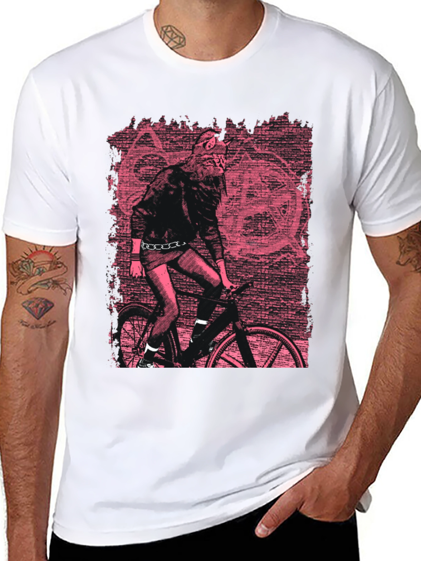 Black Edgy Graphic Tee - Werewolf Biker in Pink view 8