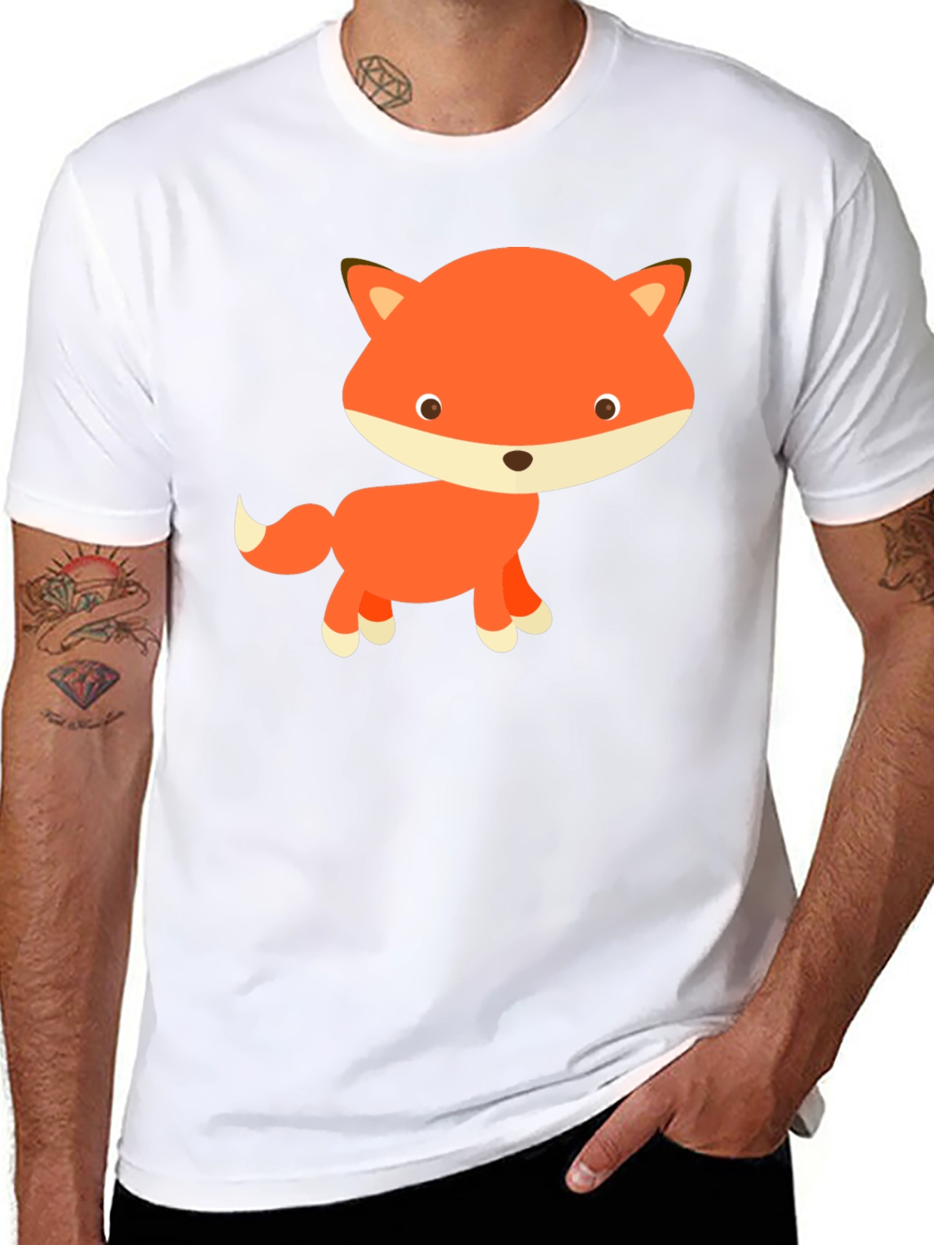 Black Cute Cartoon Fox Black T-Shirt view 8