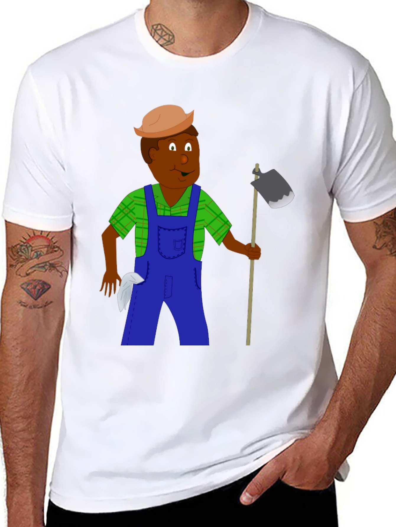 Black Cartoon Farmer Graphic Tee - Black Unisex T-Shirt view 8
