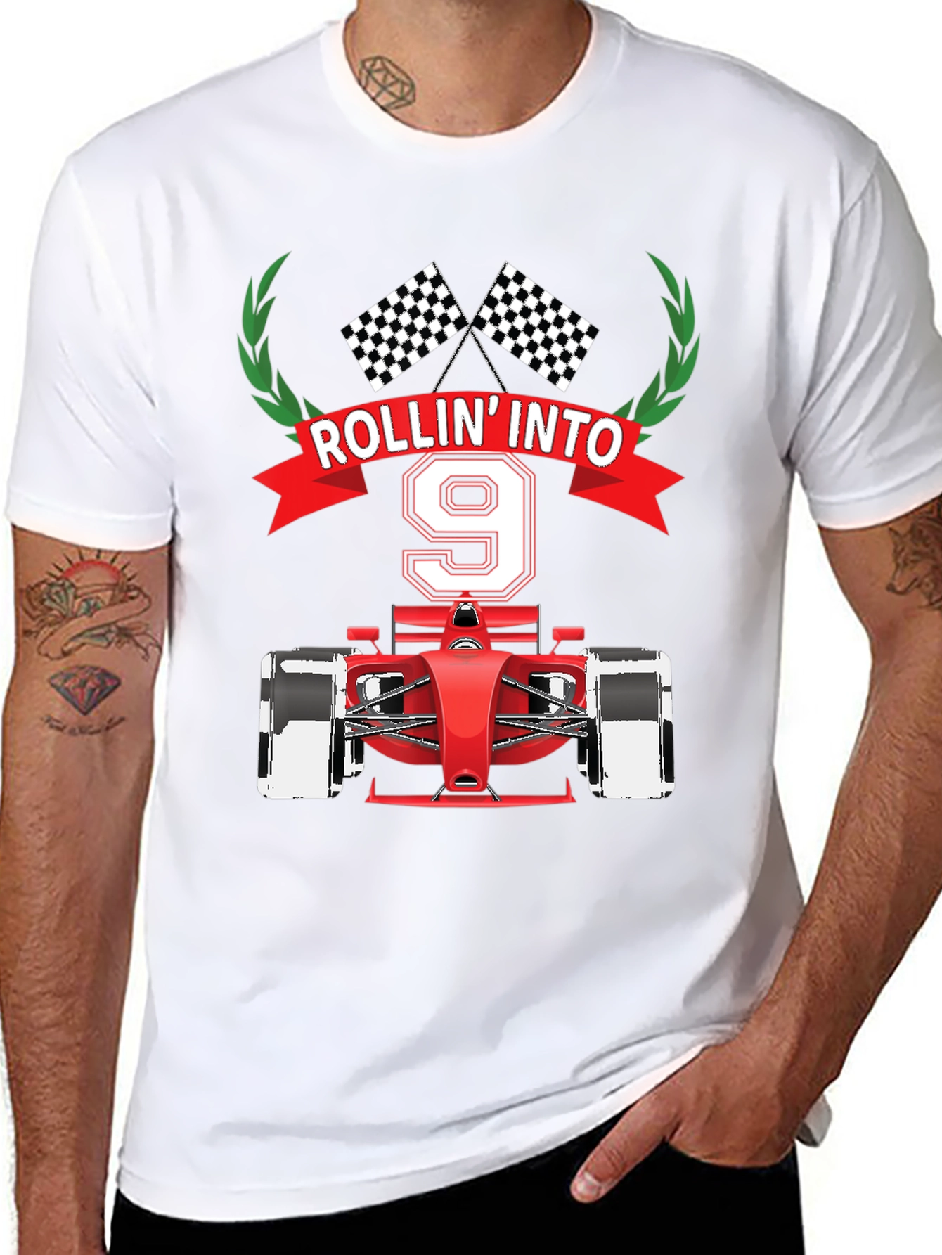 Black Rollin' Into 9 T-Shirt, Race Car Birthday Tee view 8