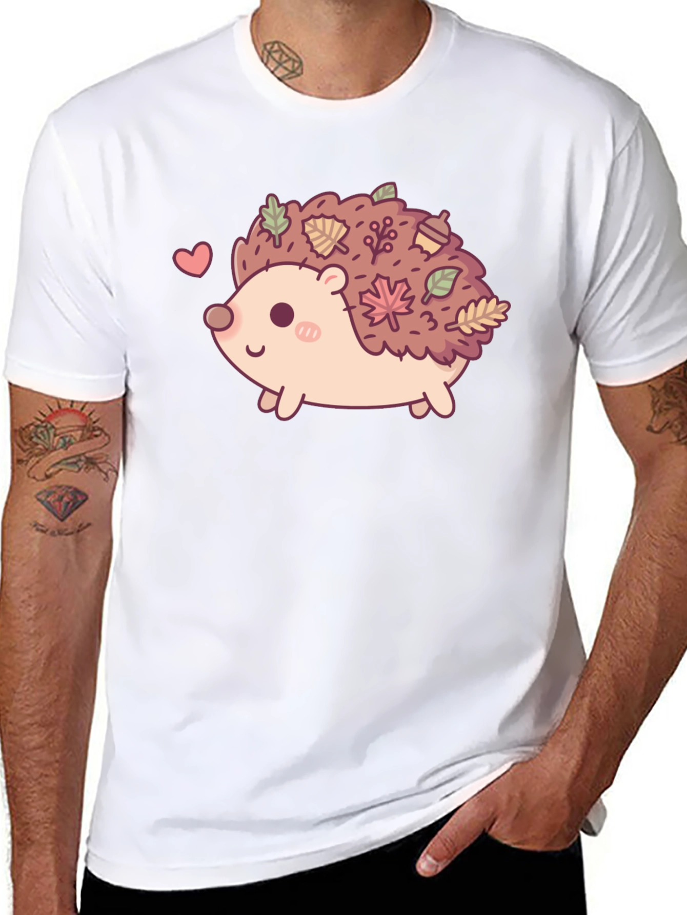 Black Cute Hedgehog Leaves Graphic Tee - Black view 8
