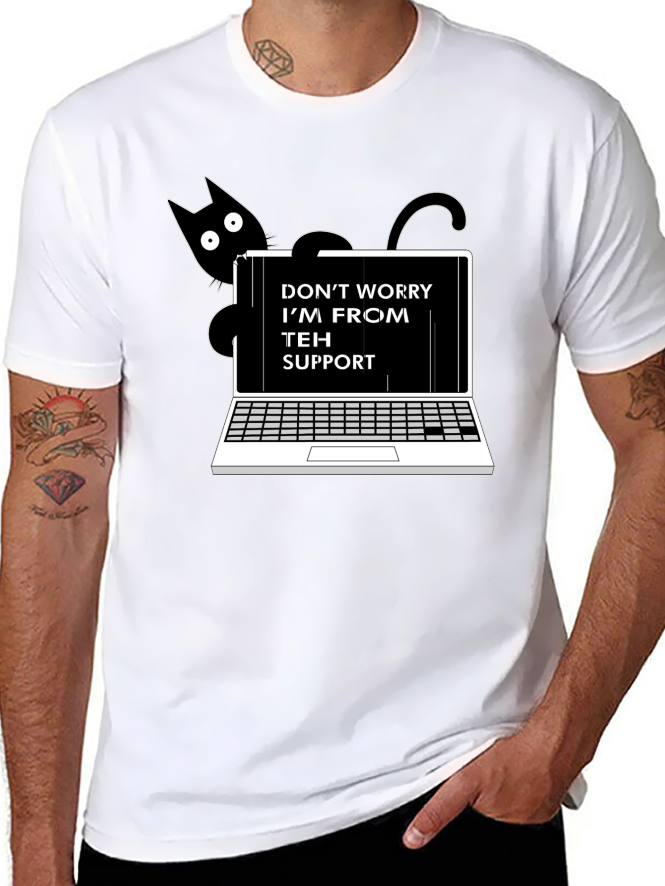 Black Funny "Teh Support" Cat Laptop Graphic Tee view 8