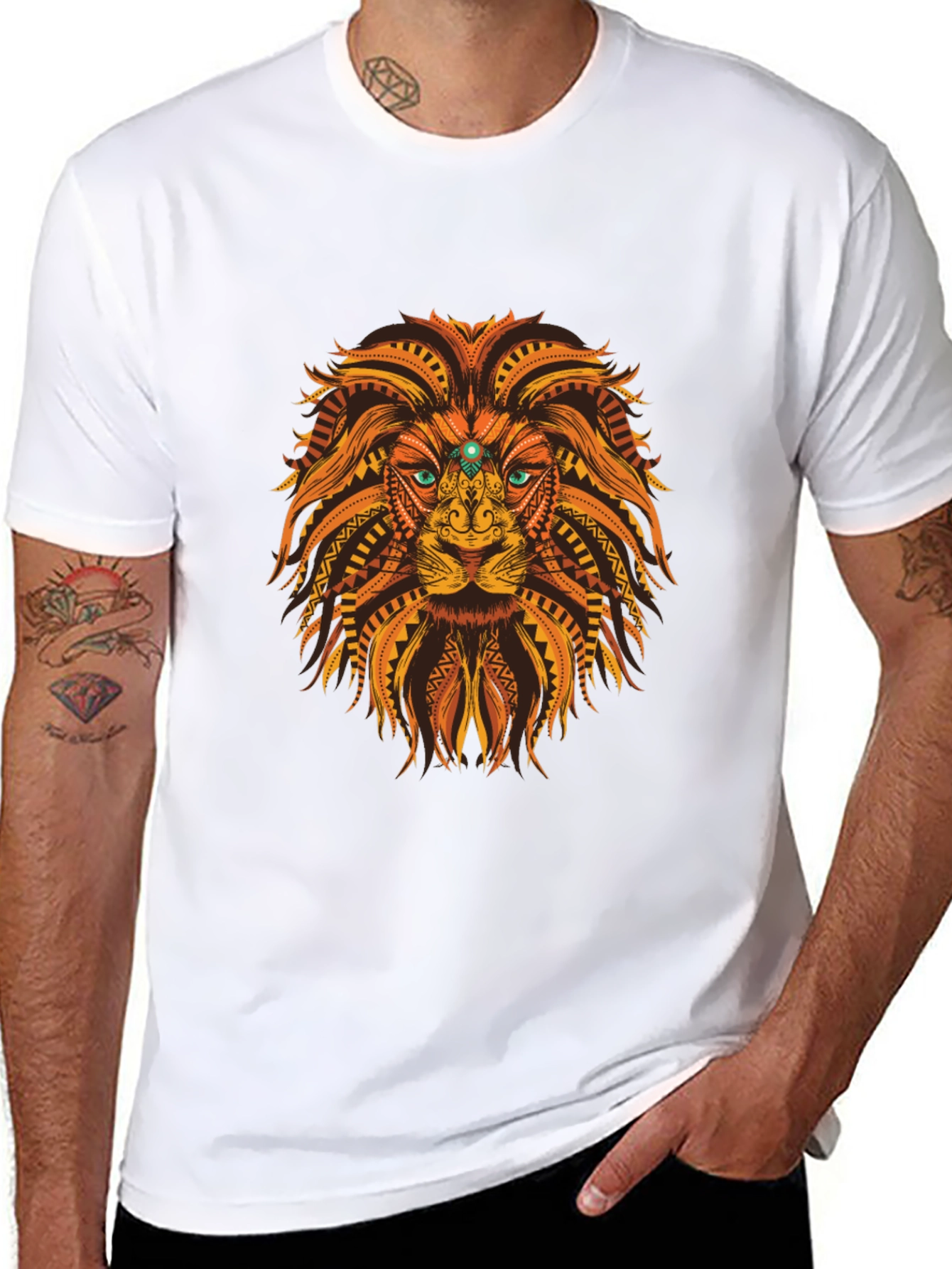 Black Tribal Lion Graphic Tee - Black Cotton T-Shirt view 8