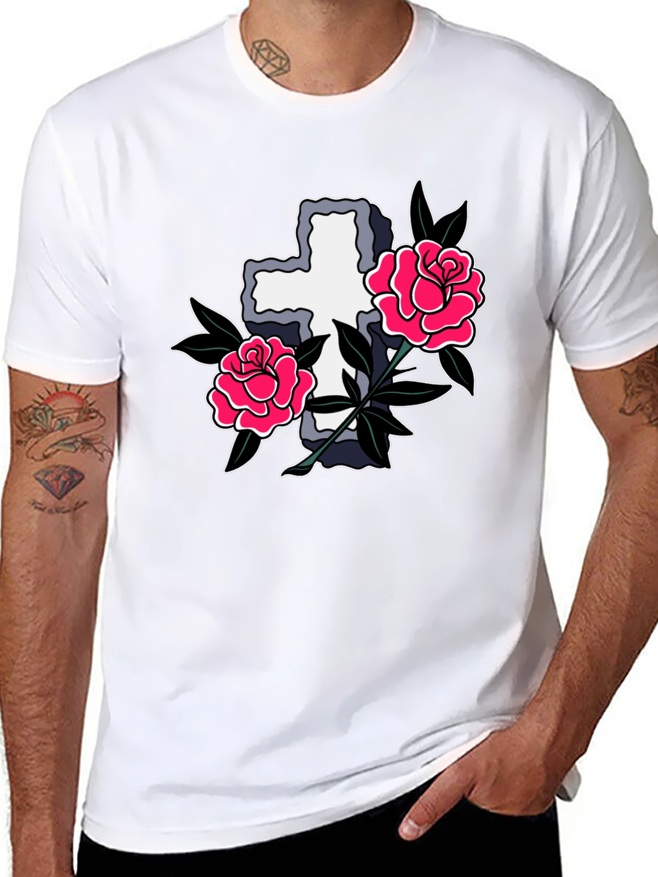 Black Cross & Roses Graphic T-Shirt - Classic Tattoo Style view 8
