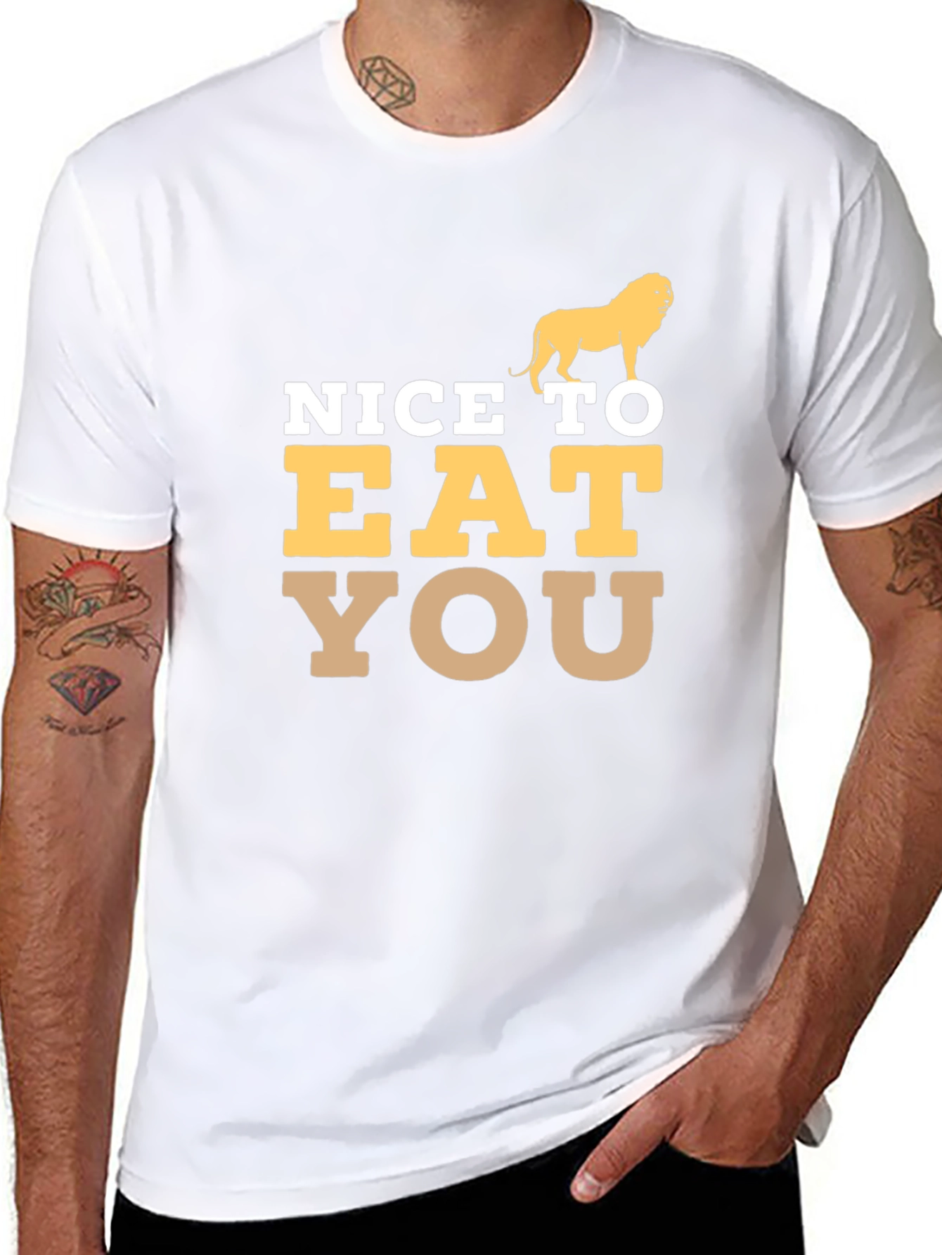 Black Funny Lion Graphic Tee - Nice To Eat You Humor T-Shirt view 8