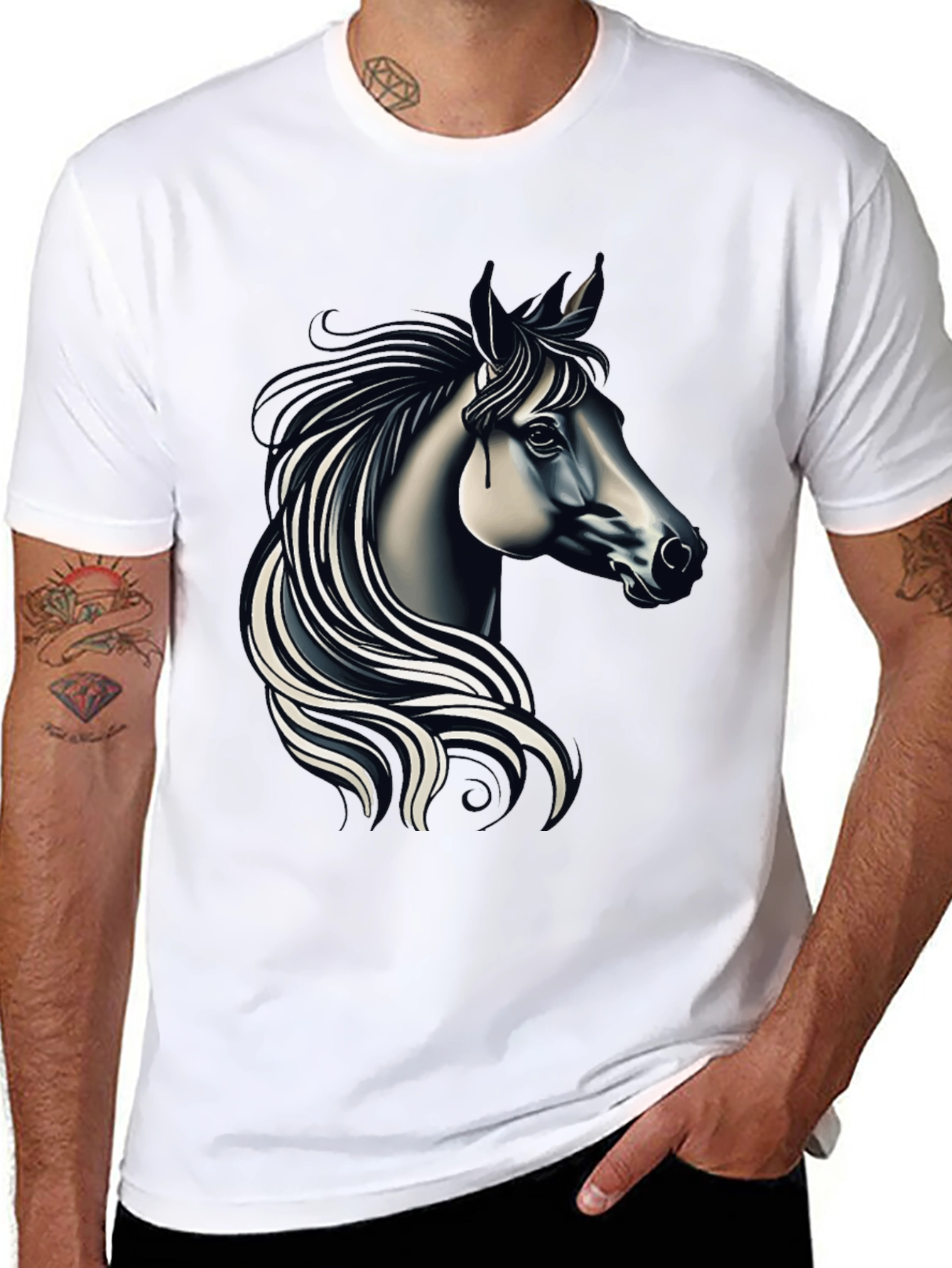 Black Black T-shirt with Elegant Horse Design view 8