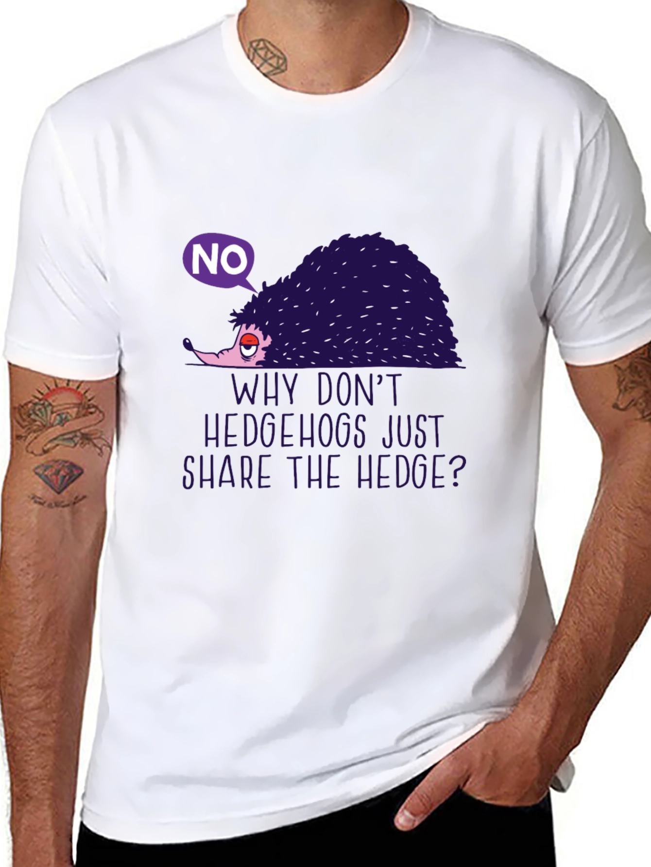 Black Humorous Hedgehog Graphic Tee - "Why Don't Hedgehogs Just Share The Hedge?" view 8