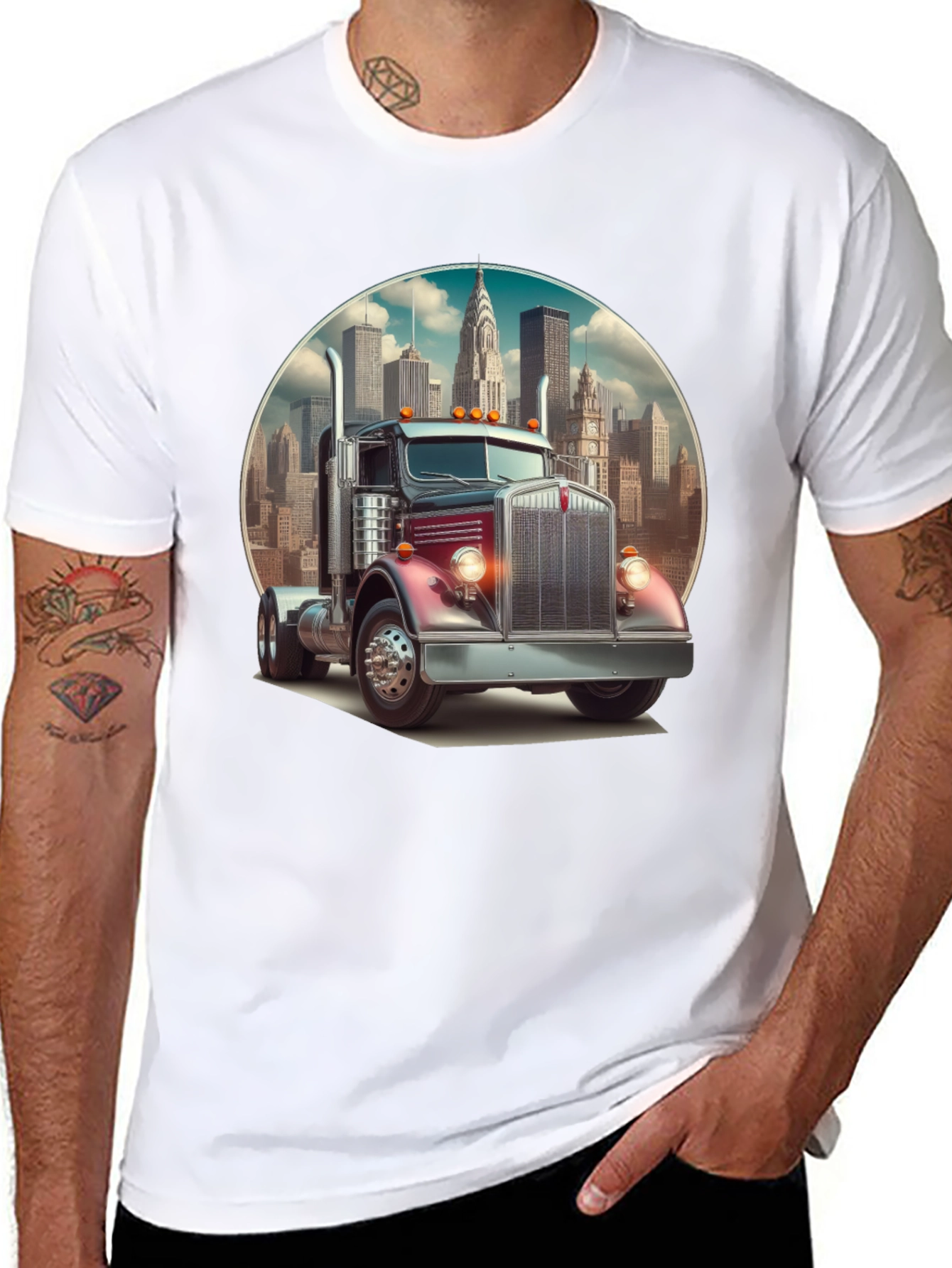 Black Trucker Tee: Vintage Big Rig & Cityscape view 8