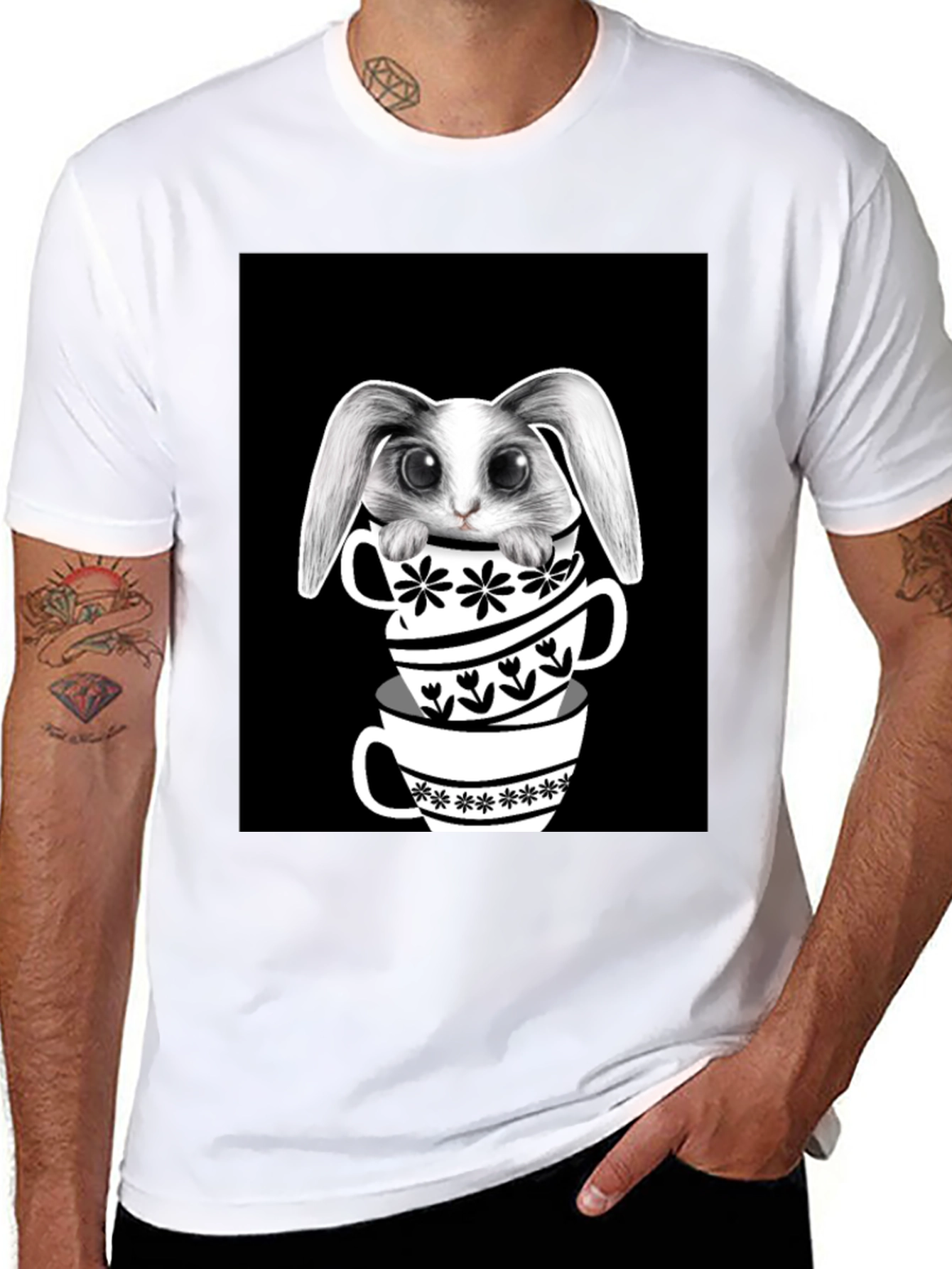Black Rabbit in Teacups Graphic T-Shirt view 8