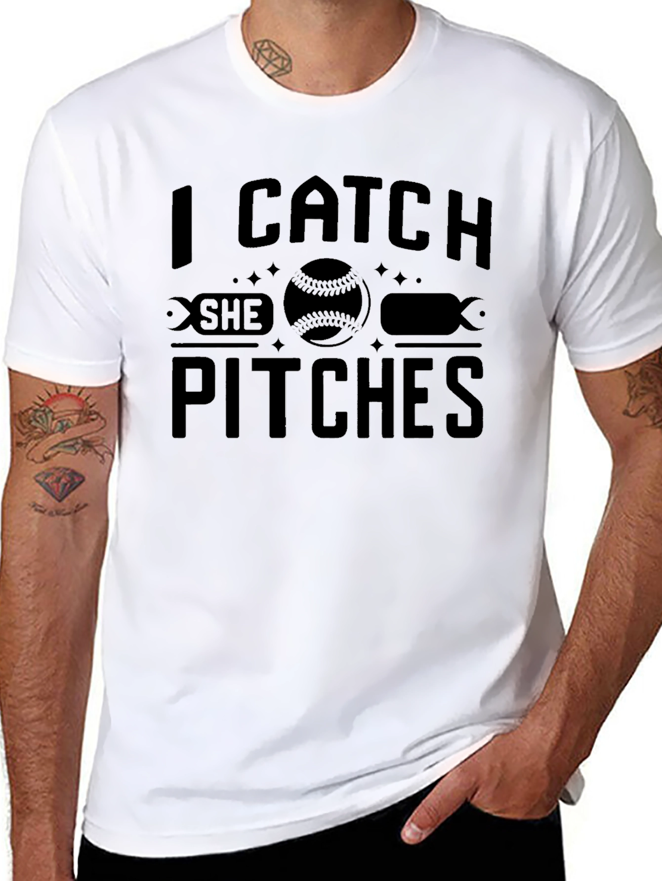 Black I Catch She Pitches Baseball T-Shirt view 8