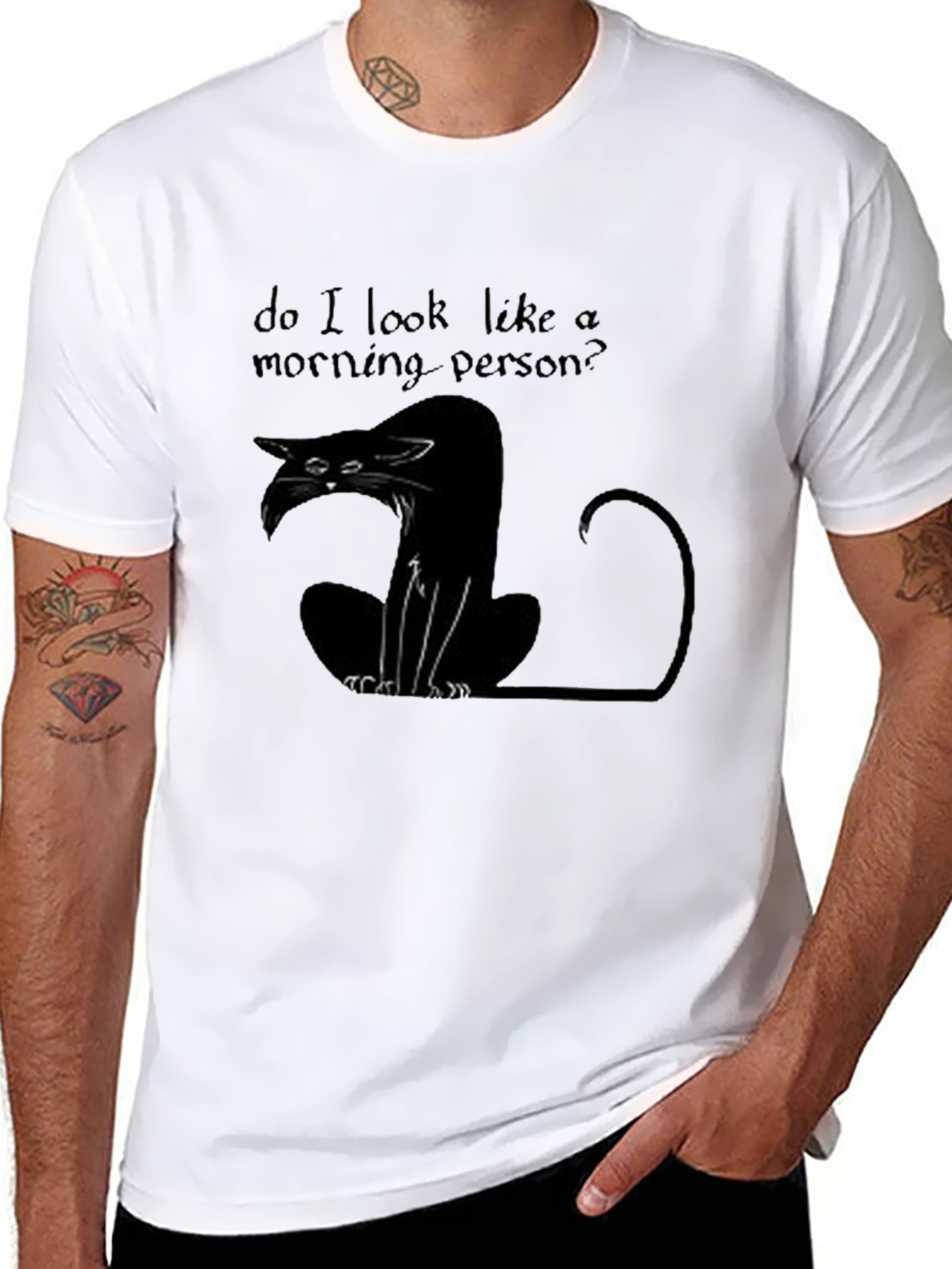 Black Black Cat "Morning Person?" Graphic T-Shirt view 8