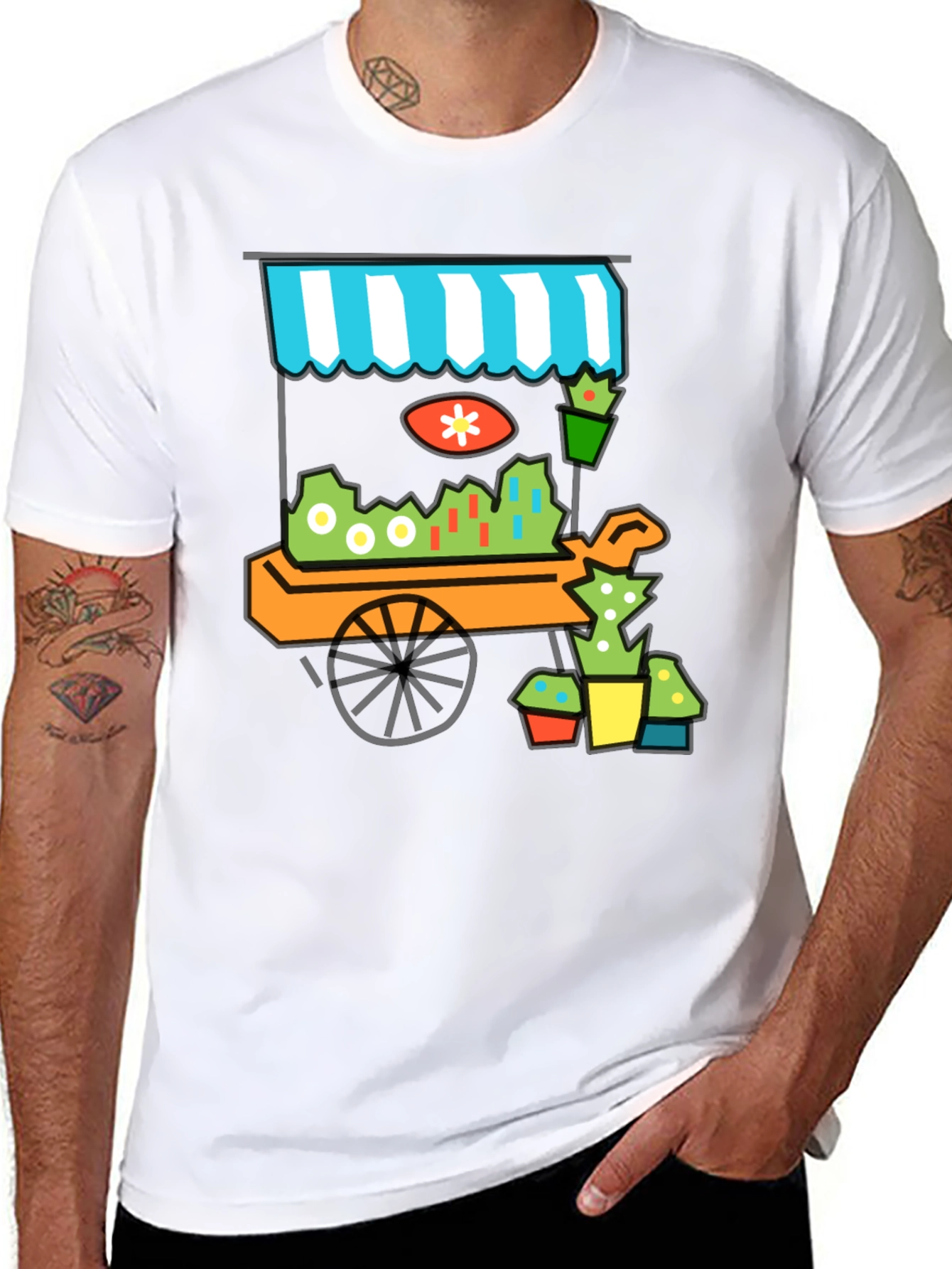 Black Whimsical Market Cart T-Shirt - Black Cotton Tee view 8