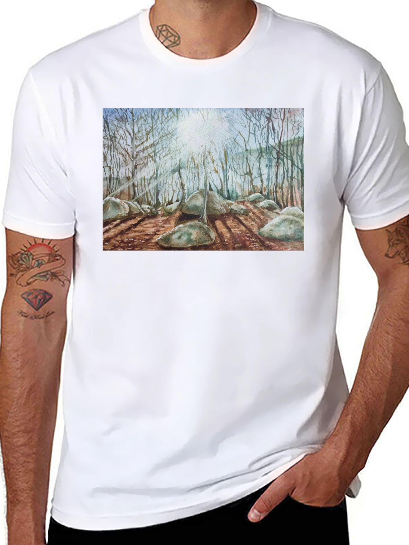 Black Watercolor Forest Print Black T-Shirt view 8