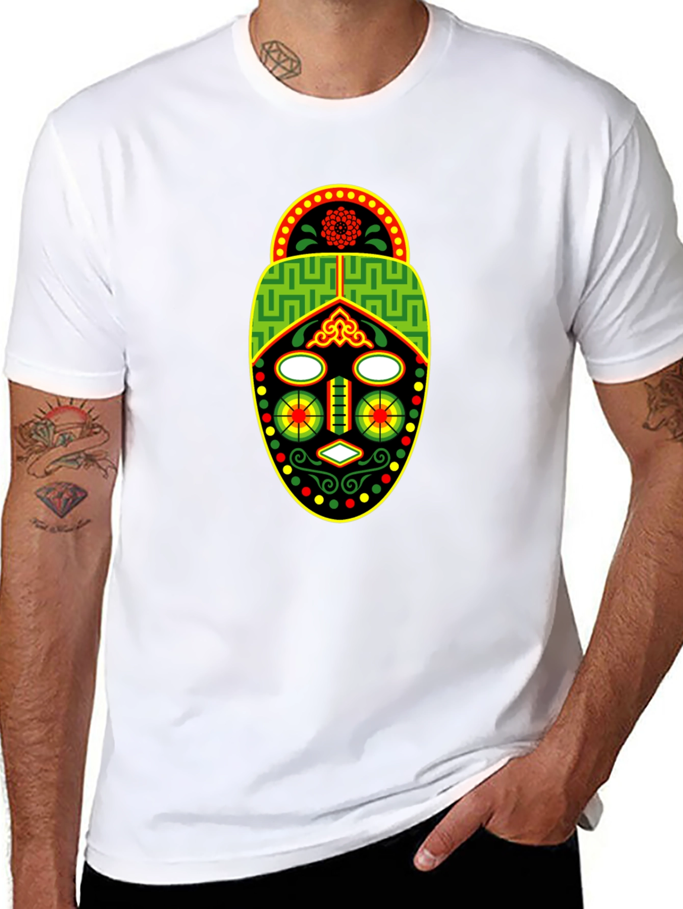Black African Mask Graphic Tee - Black Crew Neck T-Shirt view 8