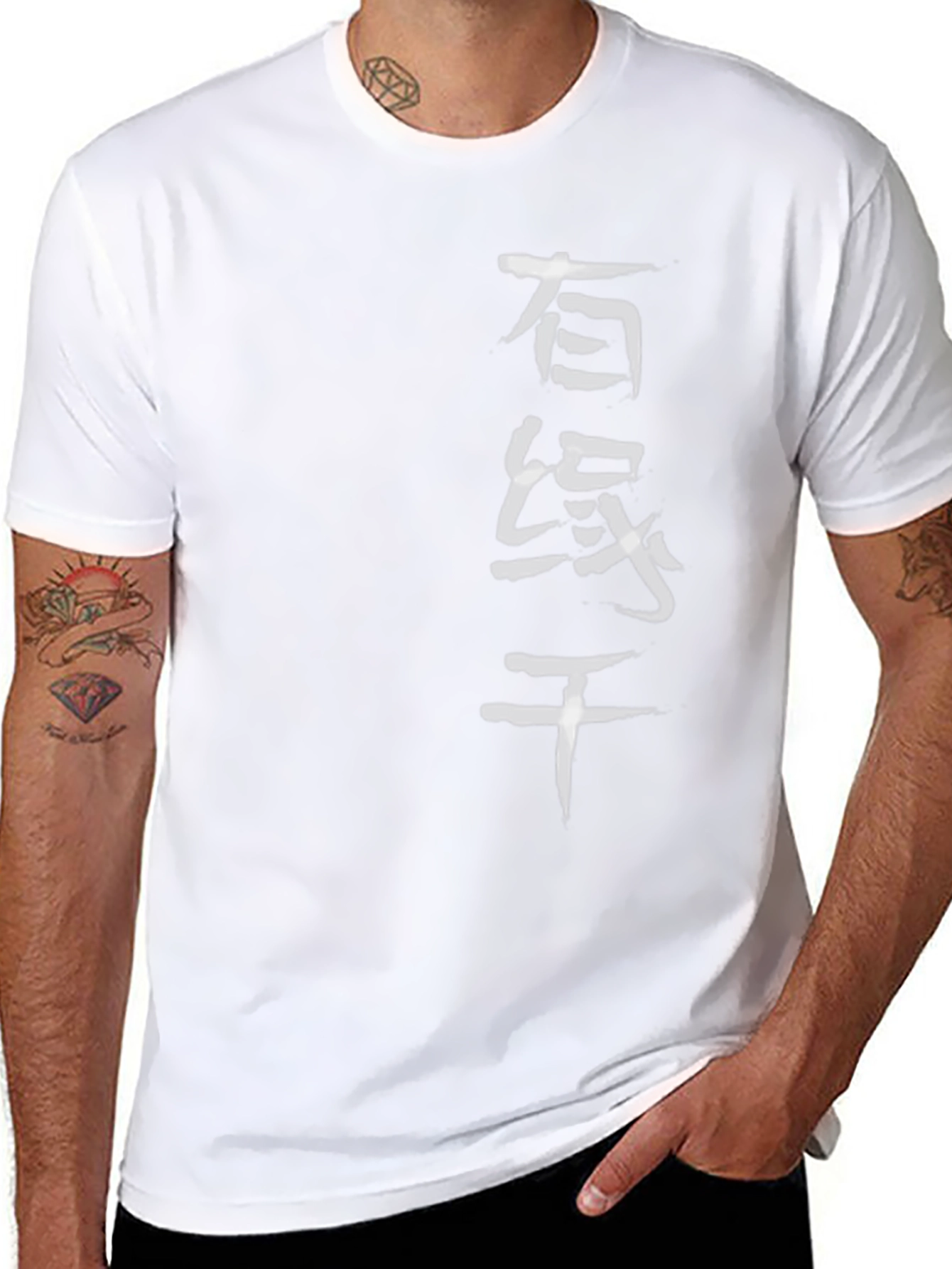 Black Men's Black T-Shirt with White Chinese Characters view 8