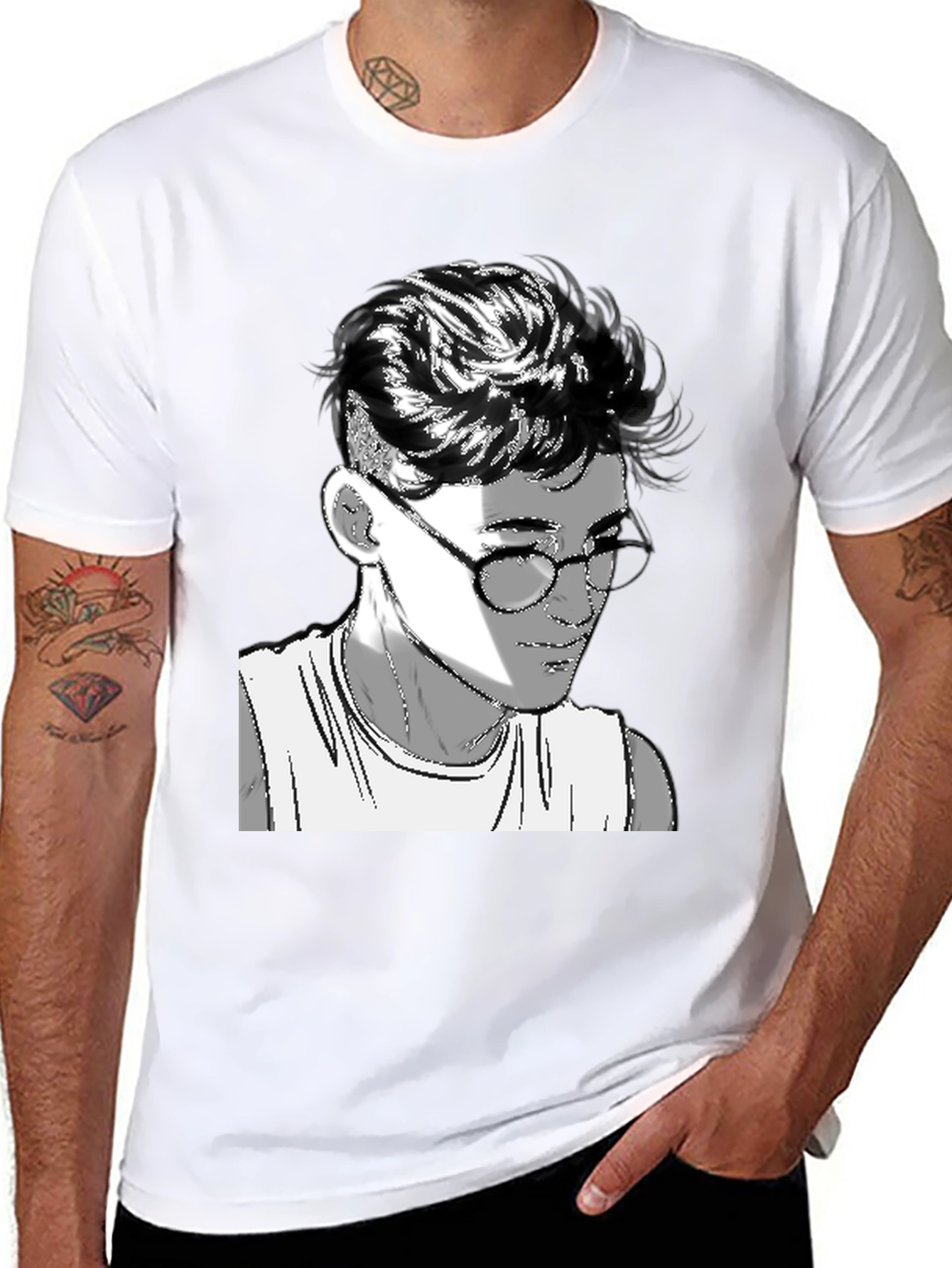 Black Men's Black Graphic Tee - Retro Anime Design view 8