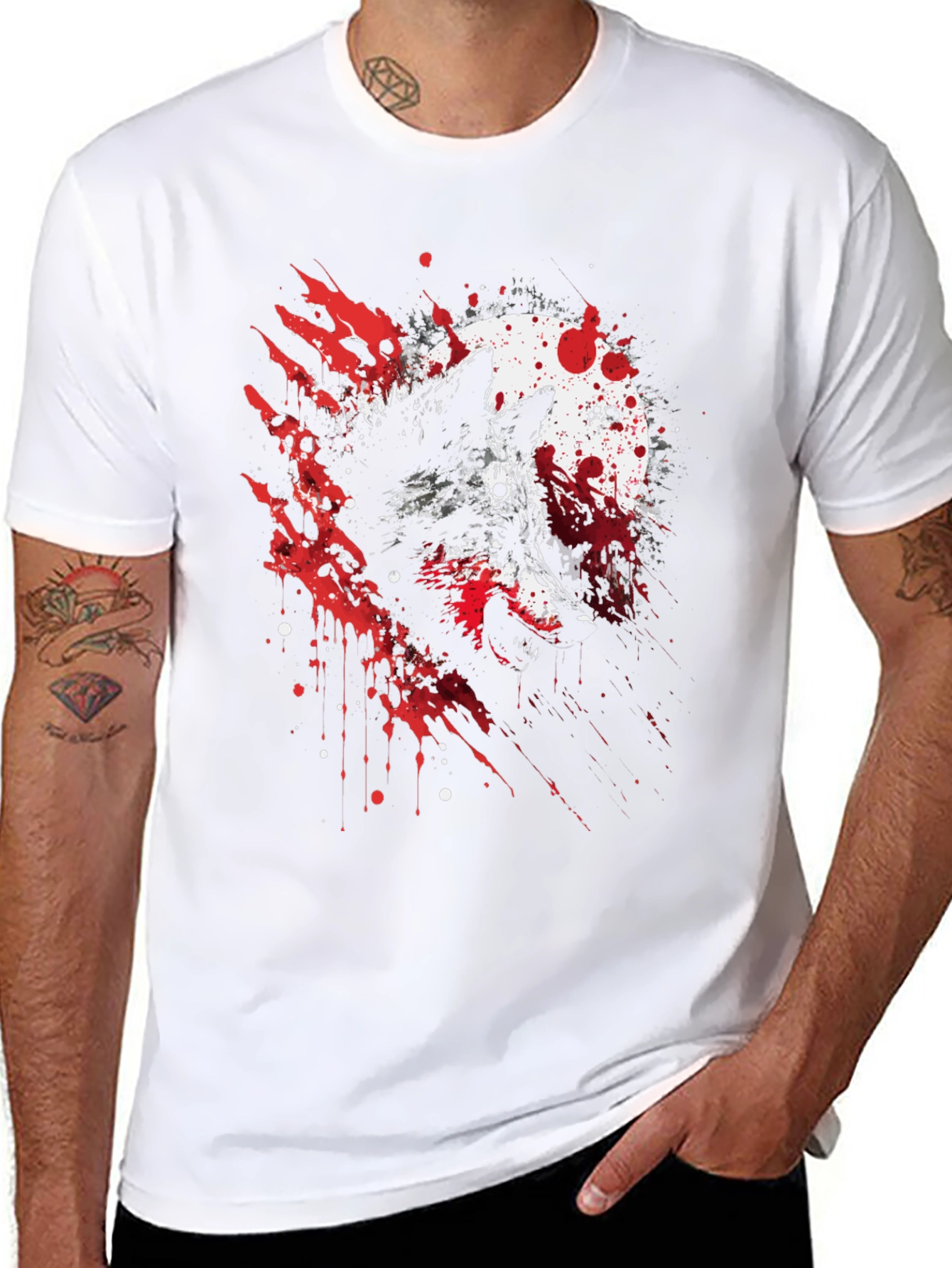 Black Wolf Moon Splatter Graphic Black T-Shirt view 8