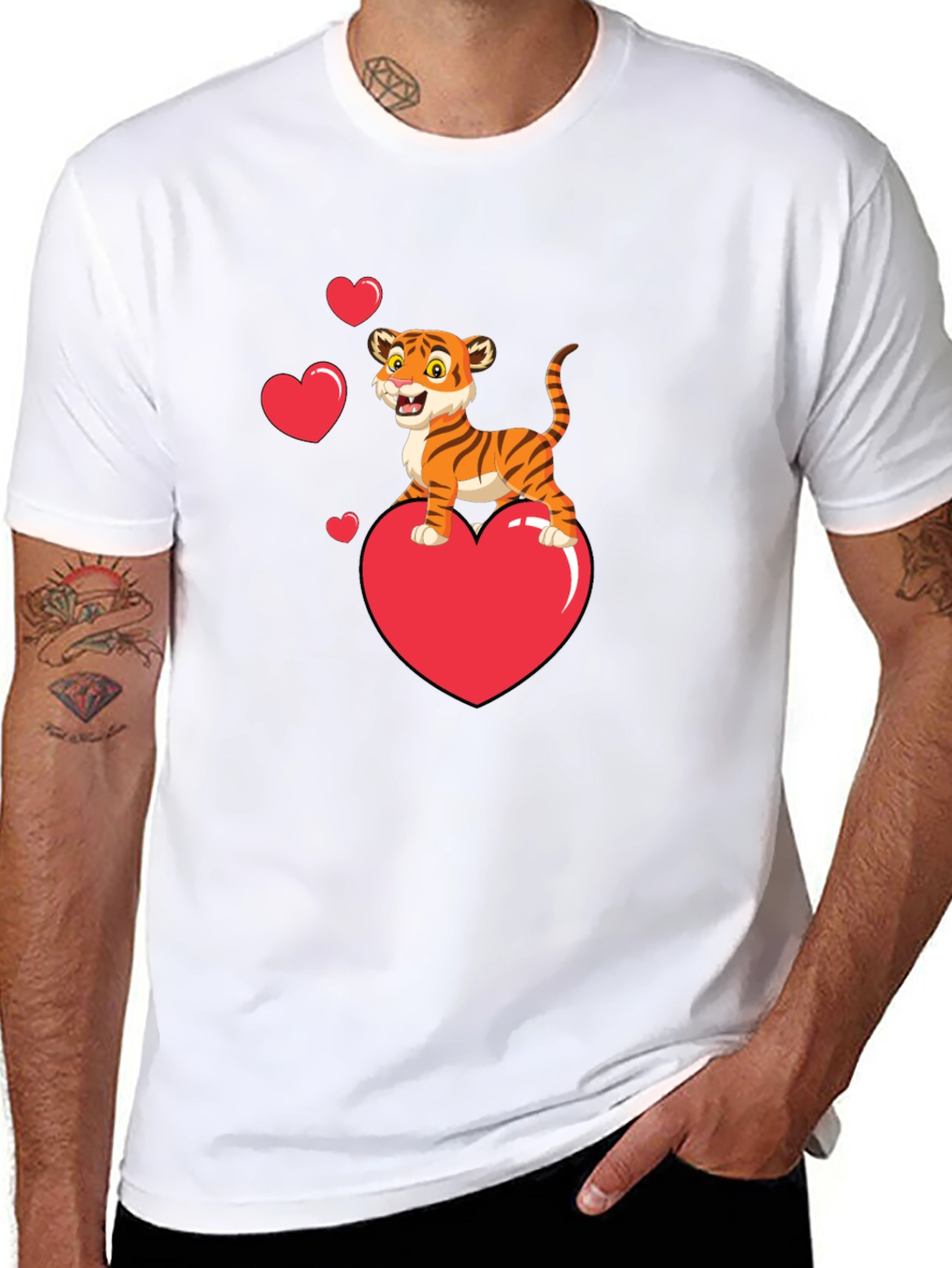 Black Cute Tiger on Heart Valentine's Black T-Shirt view 8