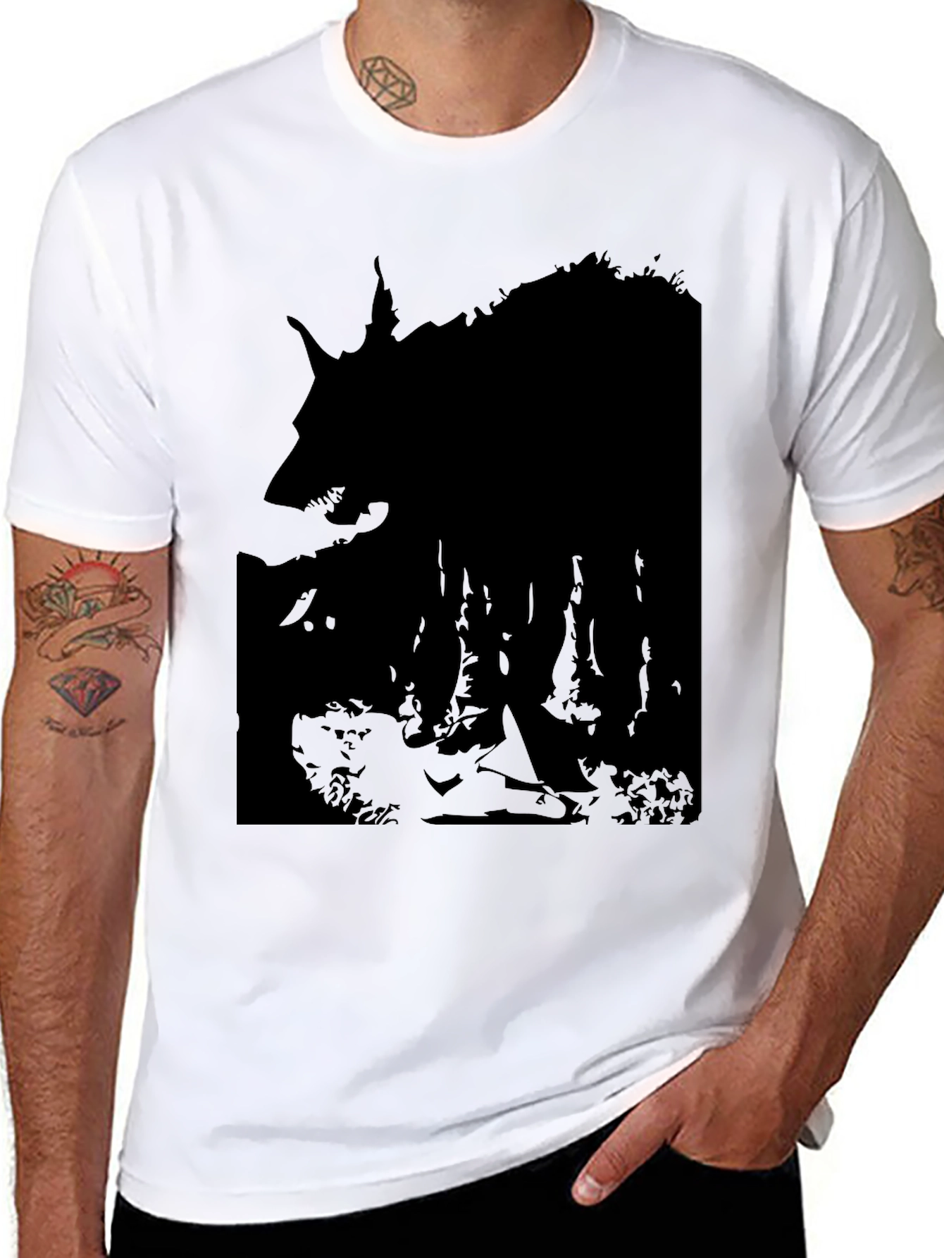 Black Men's Black Wolf Silhouette Graphic T-Shirt view 8