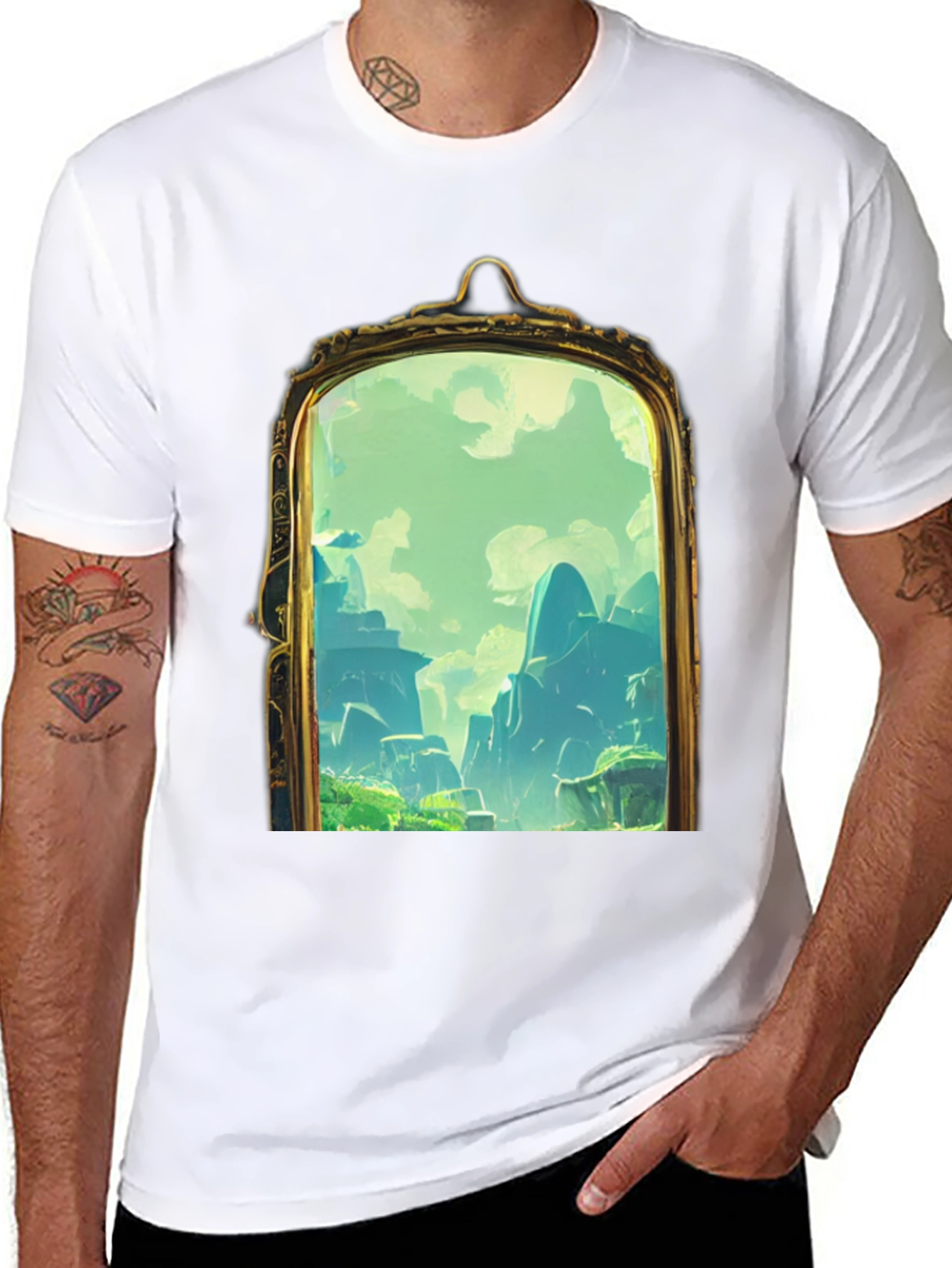 Black Black T-Shirt with Framed Landscape Design view 8