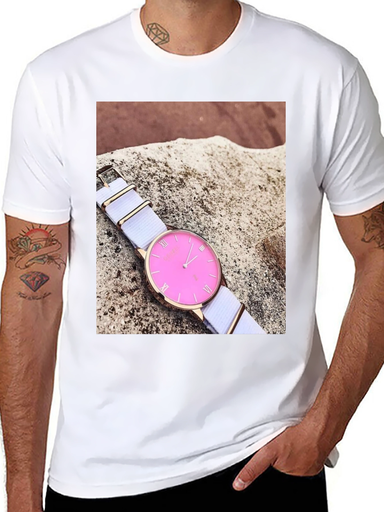 Black Stylish Pink Watch Tee - Modern Timepiece Design view 8